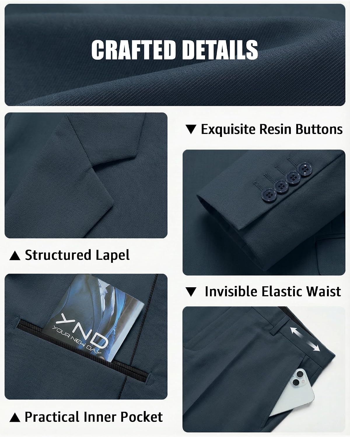 YND Men's Slim Fit 3 Piece Suit Set, One Button Solid Blazer Vest Pants with Tie