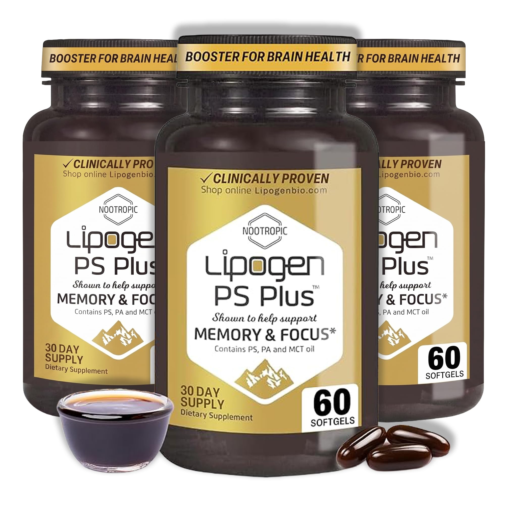 PS Plus Senior Brain Supplements for Memory & Focus - 180 Softgels, 3-Months Supply - Premium Nootropic Phosphatidylserine Brain Booster for Brain Health 60 Cou