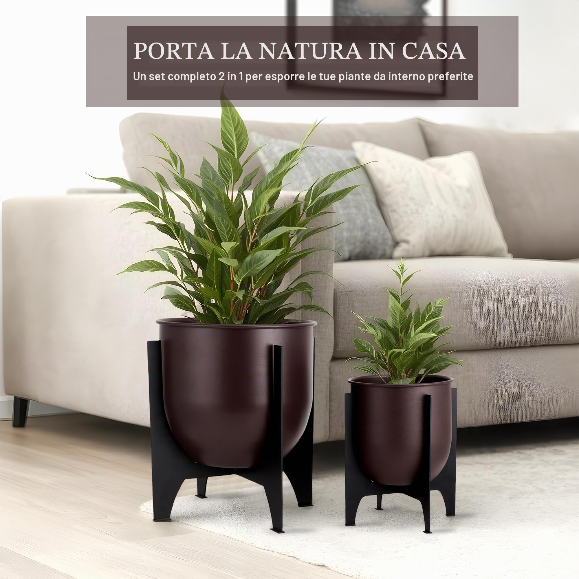 TRIROCKS - Set di 2 vasi con supporto in metallo per interni ed esterni, vasi moderni per soggiorno, angolo, cucina, ufficio, giardino, balcone, decorazione da patio