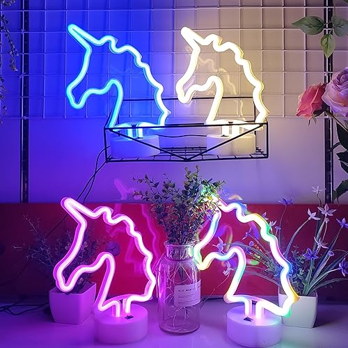 Miniatura 6 de JYWJ Letrero de neón de unicornio con base de soporte, luz de neón alimentada por USB o 3 pilas AA, decoración de mesa LED, decoración de pared de