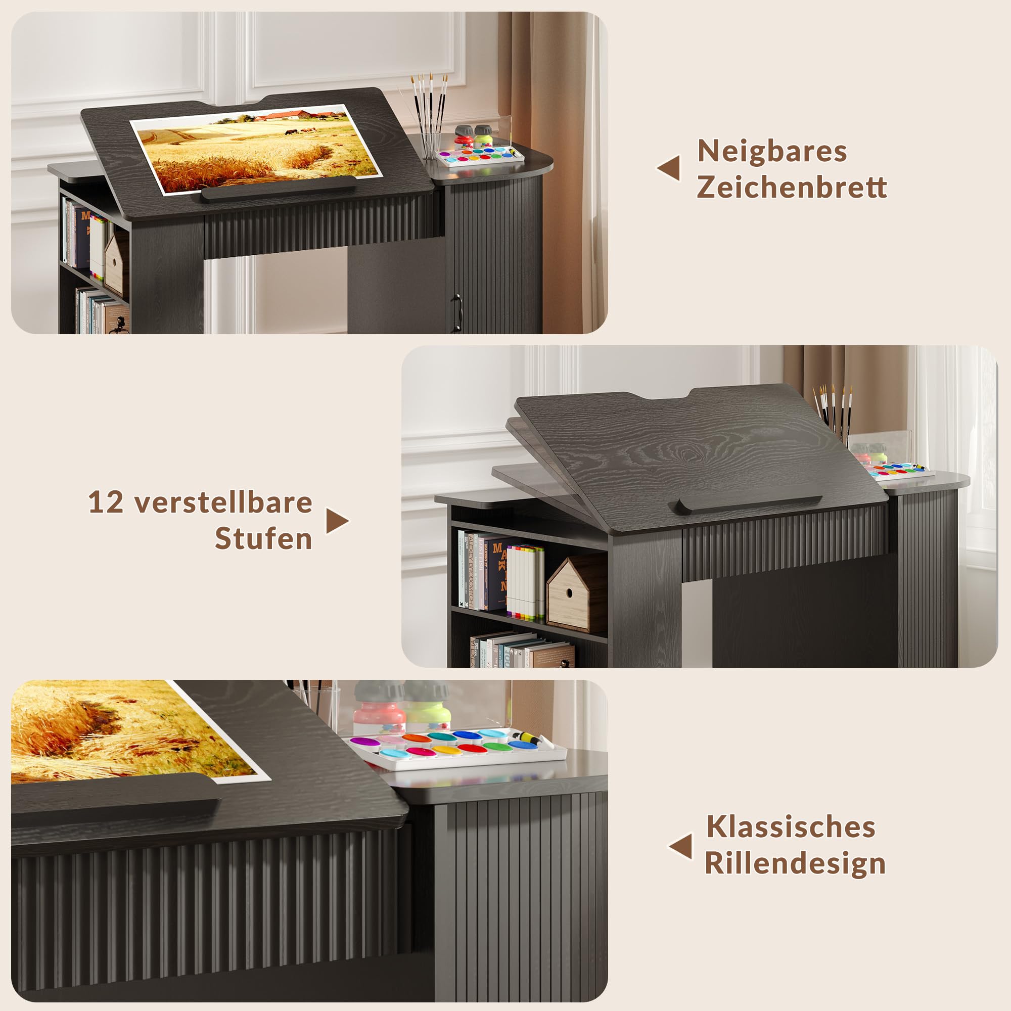Zeichentisch mit neigbarer Platte, Regal und Schrank, Schwarz | Neigbare Tischplatte, Regal mit 3 Fächern, Schrank mit Tür, Ablageleiste, Für Zeichnen und Malen