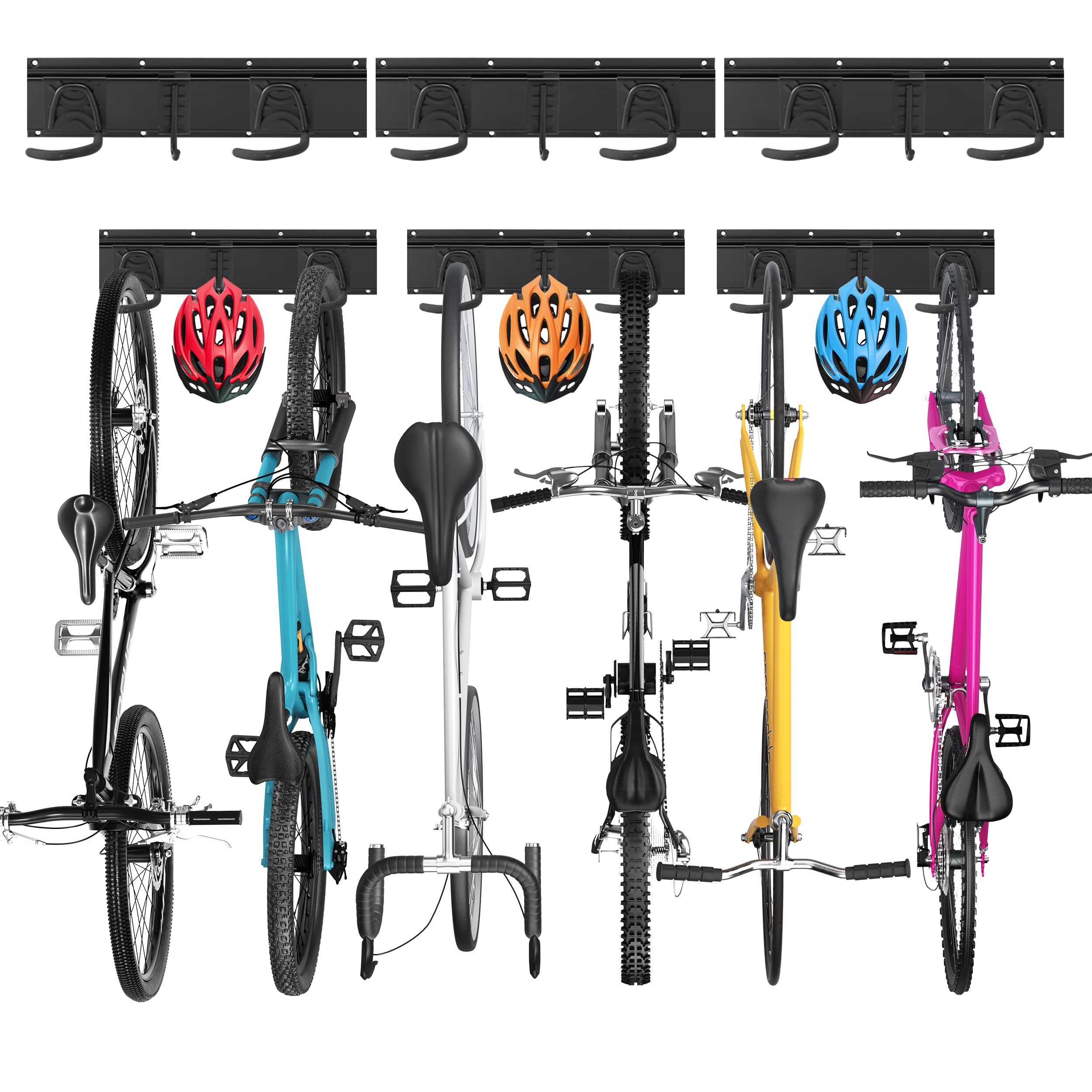 48 Inch Adjustable Bike Wall Mount Rack - Holds 6 Bicycles & 3 Helmets, Heavy Duty Steel Bike Hooks, Home/Garage Bike Storage Solution