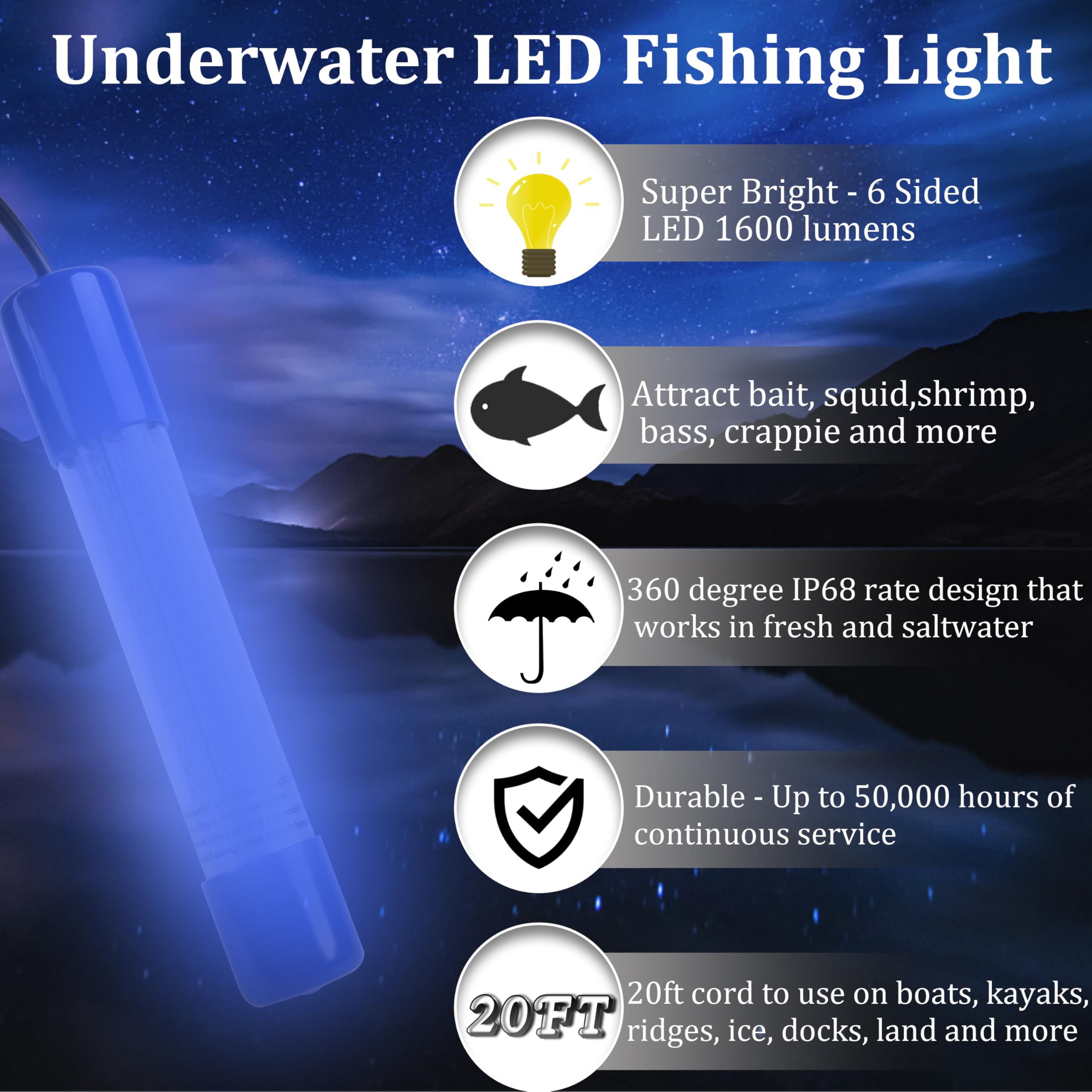 Underwater Fishing Light 1600 Lumens 10.8W 12V 24V Submersible Fish Bait Finder 180 LED Waterproof IP68 Deep Drop Night Fishing Light with 20 FT Cord for Shrimp Squid Fish Crowds