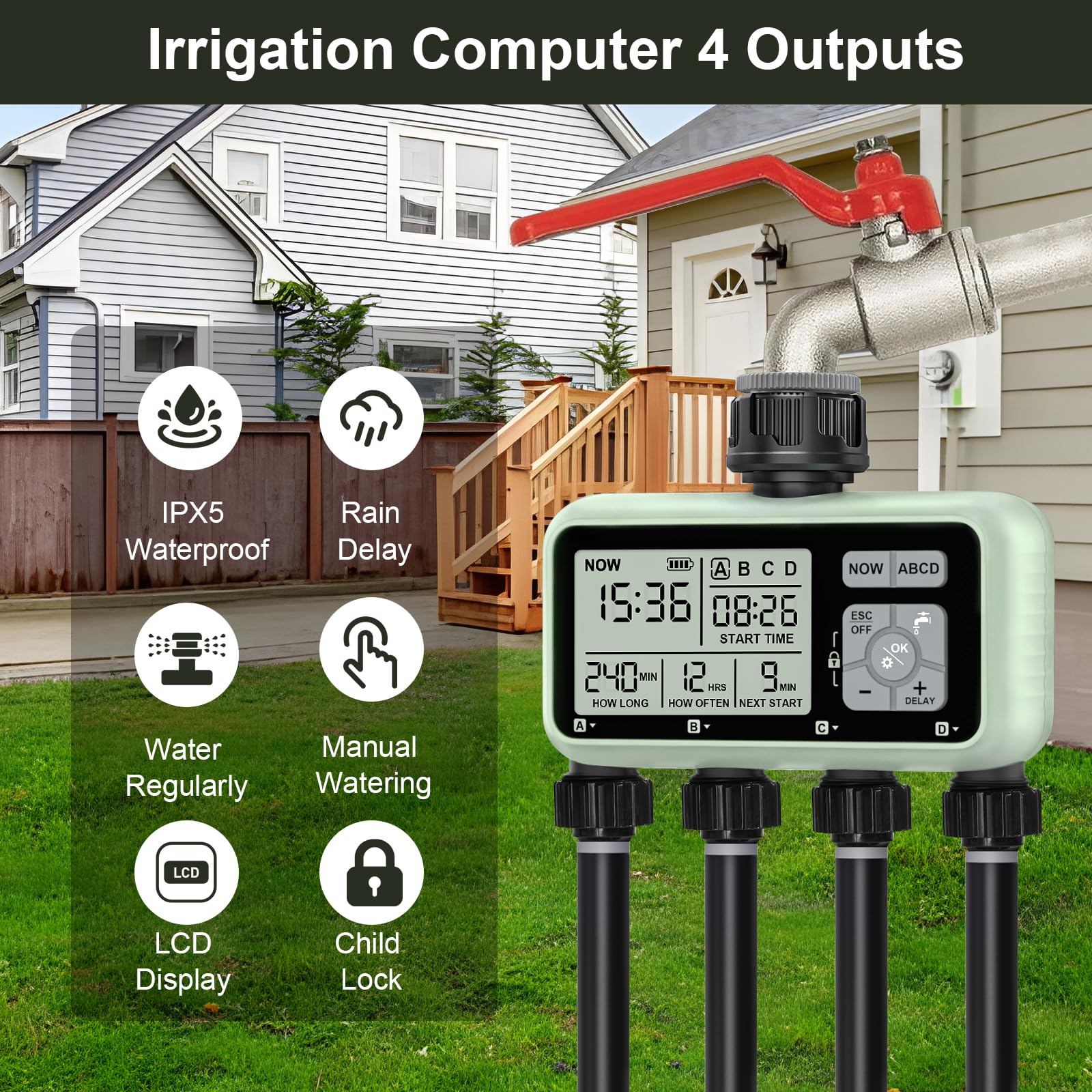 Johgee Ordinateur d'irrigation avec 4 Sorties contrôlées indépendamment, minuterie d'irrigation numérique avec écran LCD, contrôle d'irrigation Automatique/Manuel