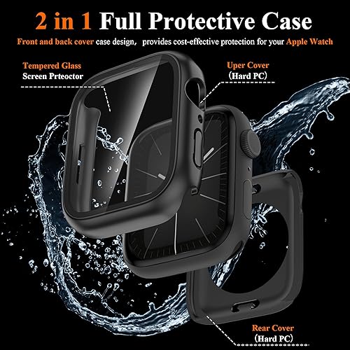 Miniatura 2 de YMHML - Funda impermeable para Apple Watch Series 9 de 1.772 pulgadas, protector de pantalla de vidrio templado 360, cubierta frontal de