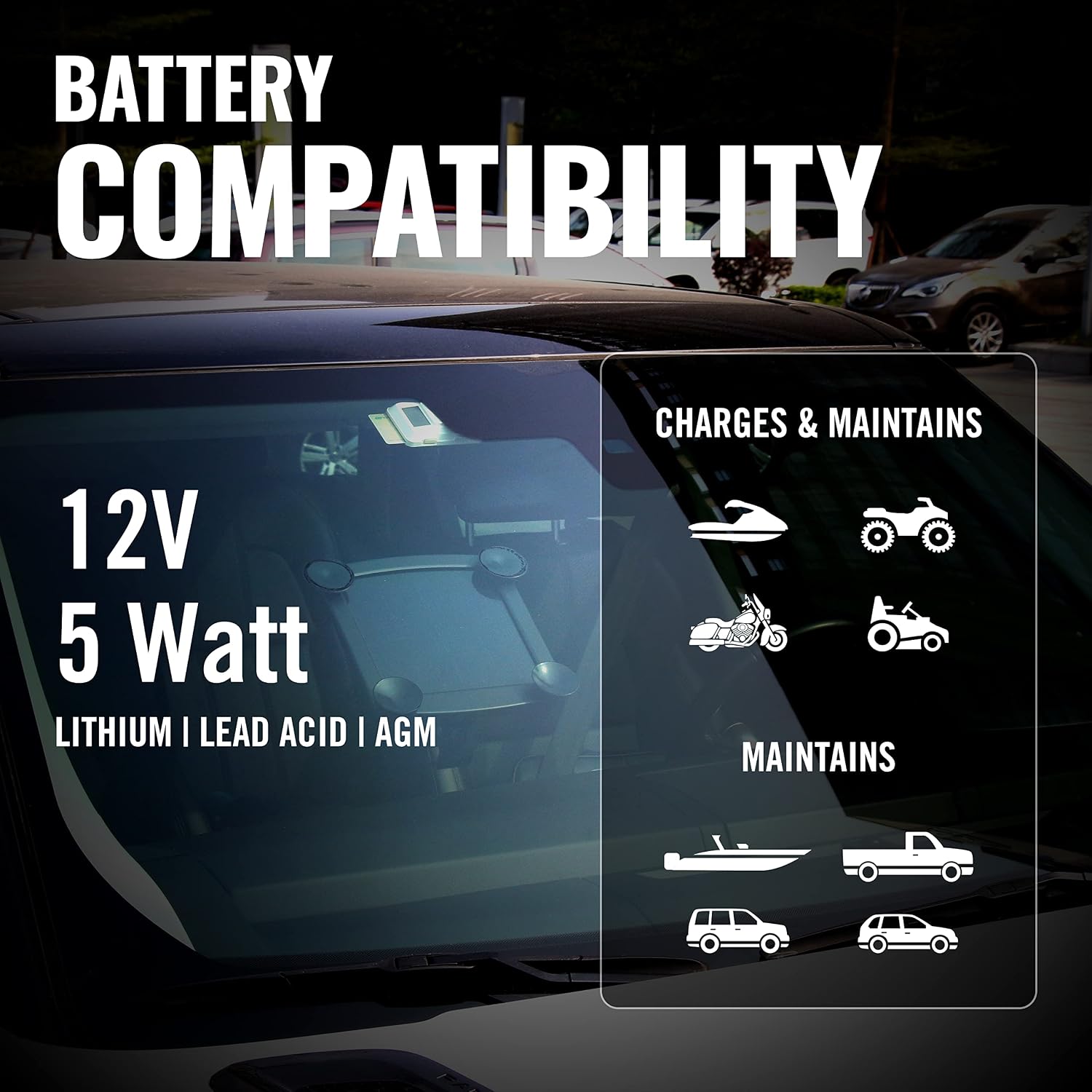 Battery Tender 5 Watt 12 Volt Solar Panel Charger and Maintainer with Charge Controller, IP67 Weatherproof, Includes Windshield and Handlebar Mounts, Ring Terminal Cable and ODBII Connector