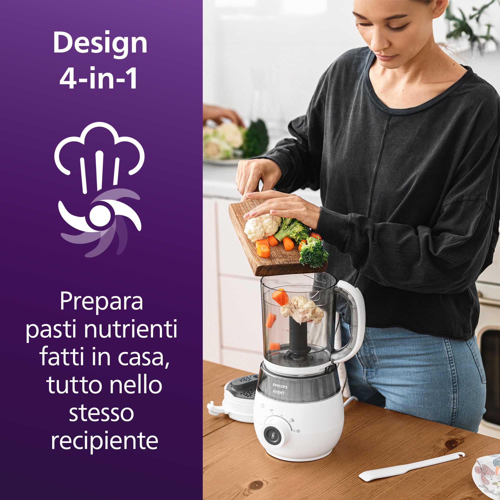 Philips Avent SCF883/01 EasyPappa Plus 4 in 1 Cuocipappa Multifunzione, Cuoci a Vapore, Frulla, Scongela e Riscalda in un Recipiente, 1 litro, Bianco/Grigio