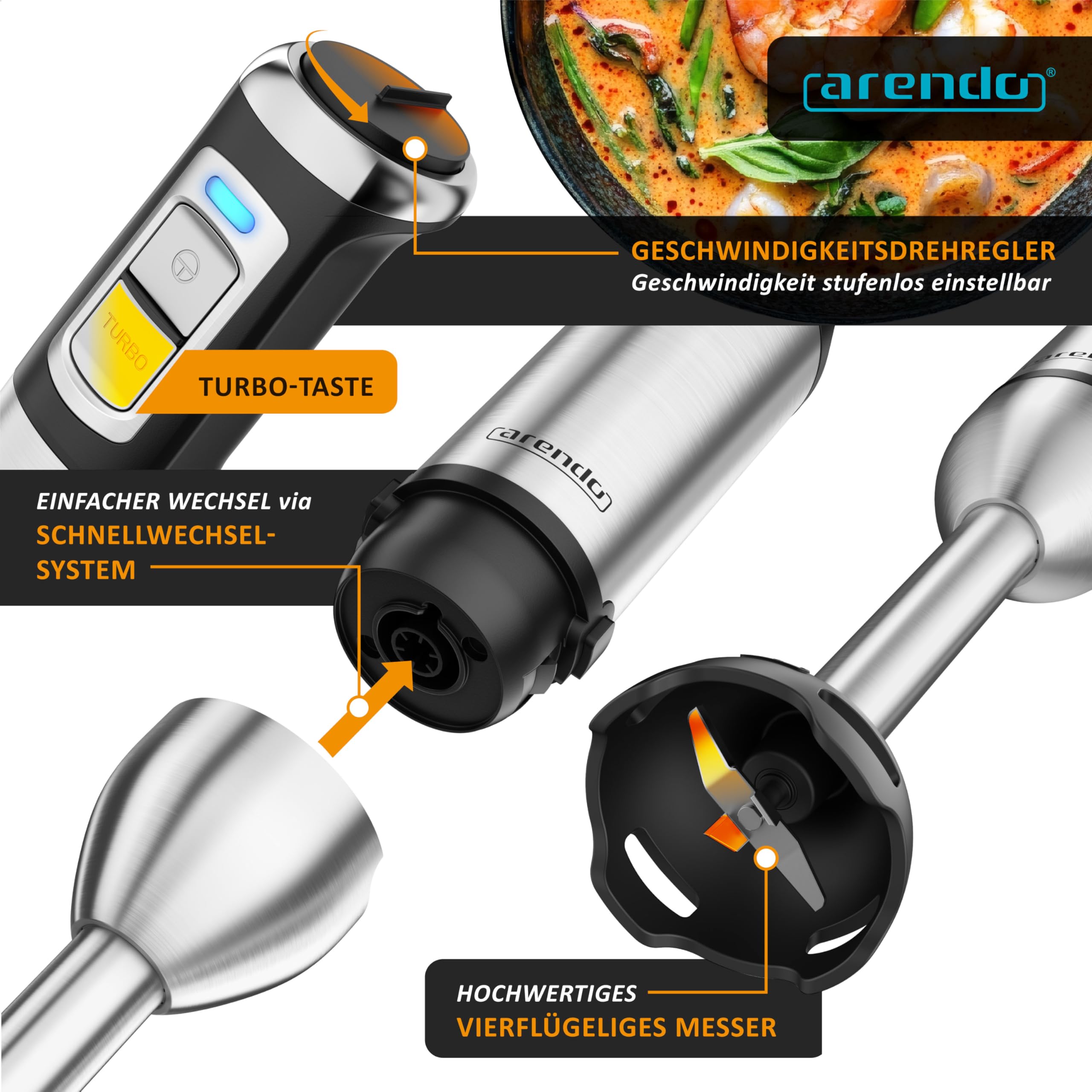 Arendo - Edelstahl Stabmixer 2000 Watt - Handmixer Set - Pürierstab - stufenlose Geschwindigkeit - Turbotaste – Mixfuß mit Edelstahlmesser - Schneebesen – BPA-frei