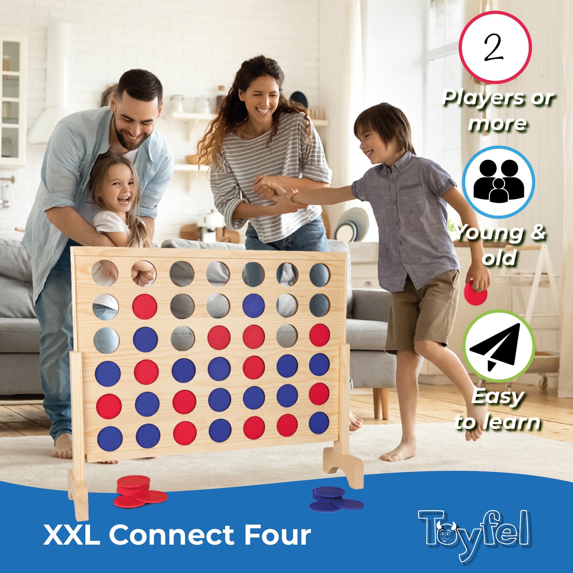 Toyfel Gioco da tavolo Forza 4 XXL Naturale in legno di pino FSC® Connetti | Quattro 4 di fila di strategia da interni o esterni per adulti e bambini certificato giocattolo gigante Ace