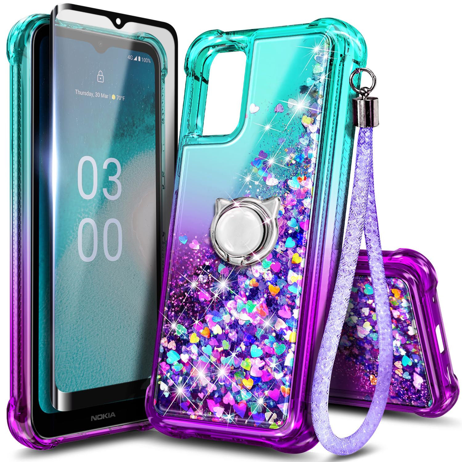 NZND Compatible with Nokia G310 5G Case, Glitter Liquid Floating Waterfall Cute Phone Case for Nokia G310 5G, Aqua/Purple