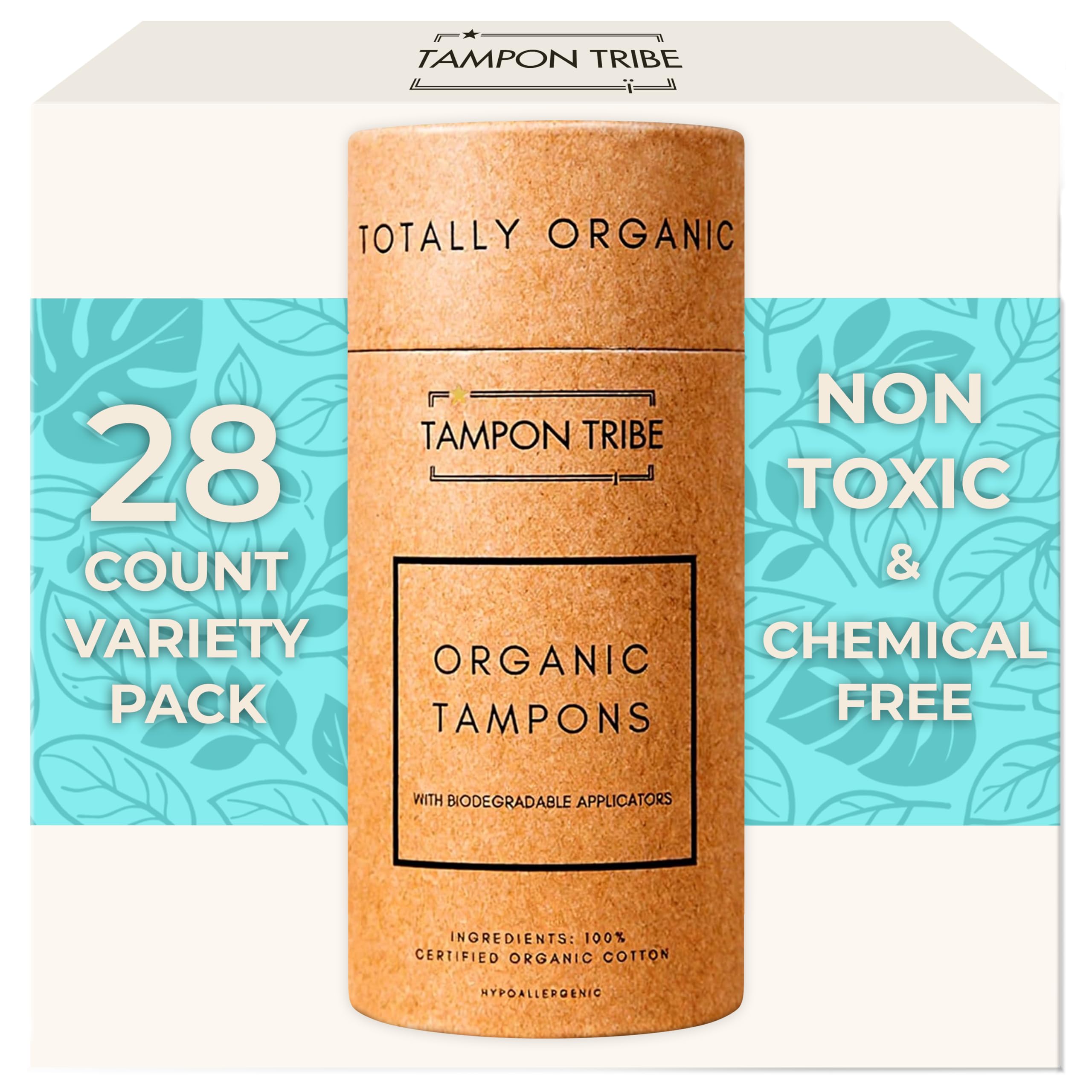 Tampon Tribe Variety Pack Organic Tampons for Women | 28 Non-Toxic Tampons | Natural 100% Organic Cotton, Hypoallergenic, Chemical and Metal-Free with Biodegradable Applicator | (28 Count - Variety)