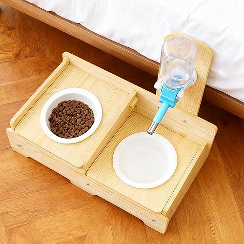 Miniatura 9 de Soporte de cuenco de agua para mascotas, dispensador ajustable de madera para perros y gatos con 2 cuencos de acero inoxidable  Estación de
