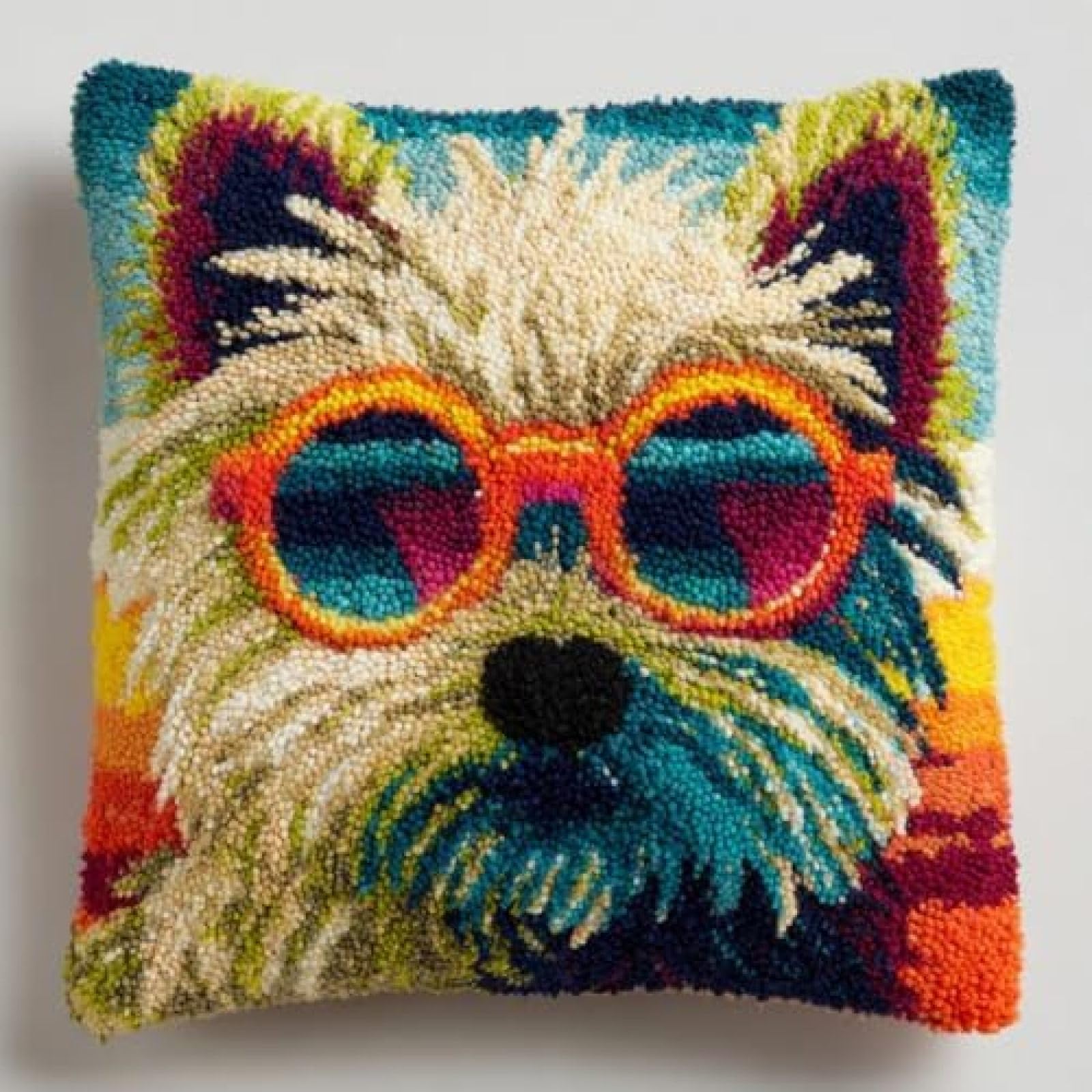 kitphoenix DIY Cushion Cover Craft Kit for Adults,Cairn Terrier Dog Wear Sunglasses,Latch Hook Embroidery Kit with Printed Canvas,Yarn and Hook,43x43 cm Home Décor