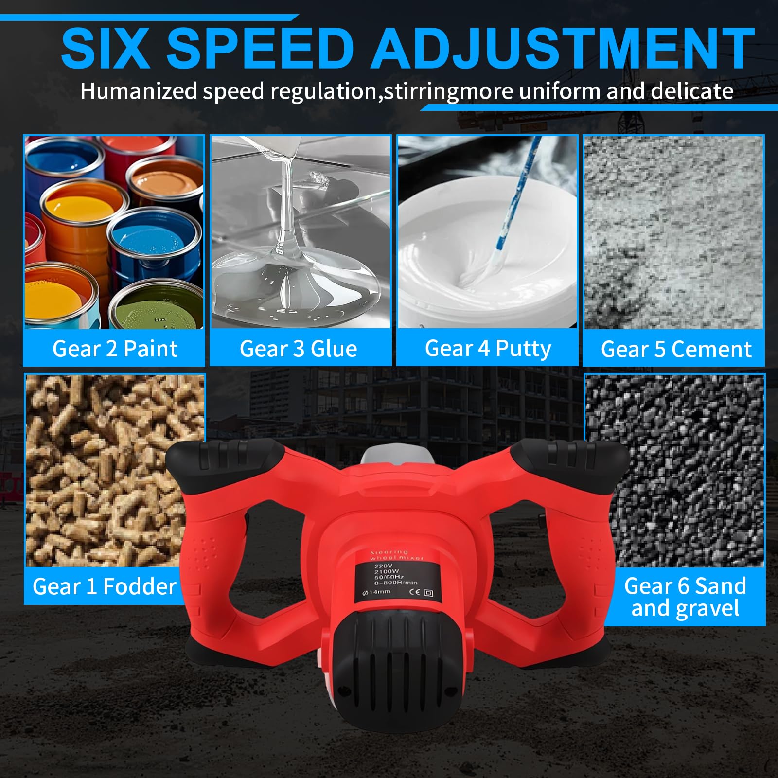 Mezclador de concreto de 2100 W, doble paleta mejorada, mezclador de cemento portátil con 6 velocidades, 950 rpm, mezclador de barro de mano para mortero, pintura, lechada, yeso, delgado, herramienta