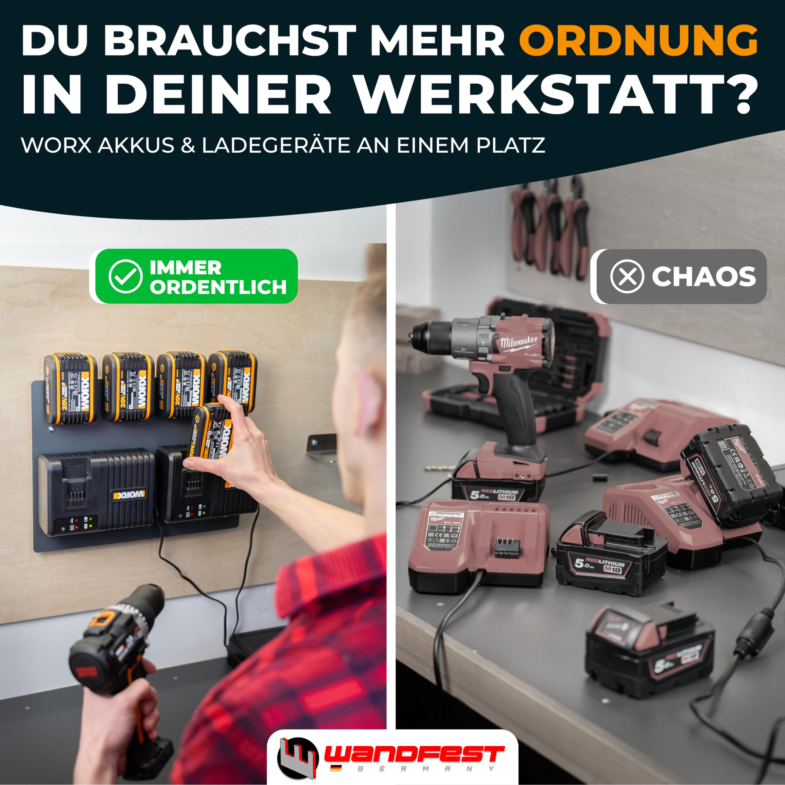 Wandfest® Wandhalterung für Worx Akkus und Ladegeräte - Das Original [Made in Austria] Worx Akku Halterung für 4 Akkus - Jetzt mehr Ordnung in Werkstatt und Garage