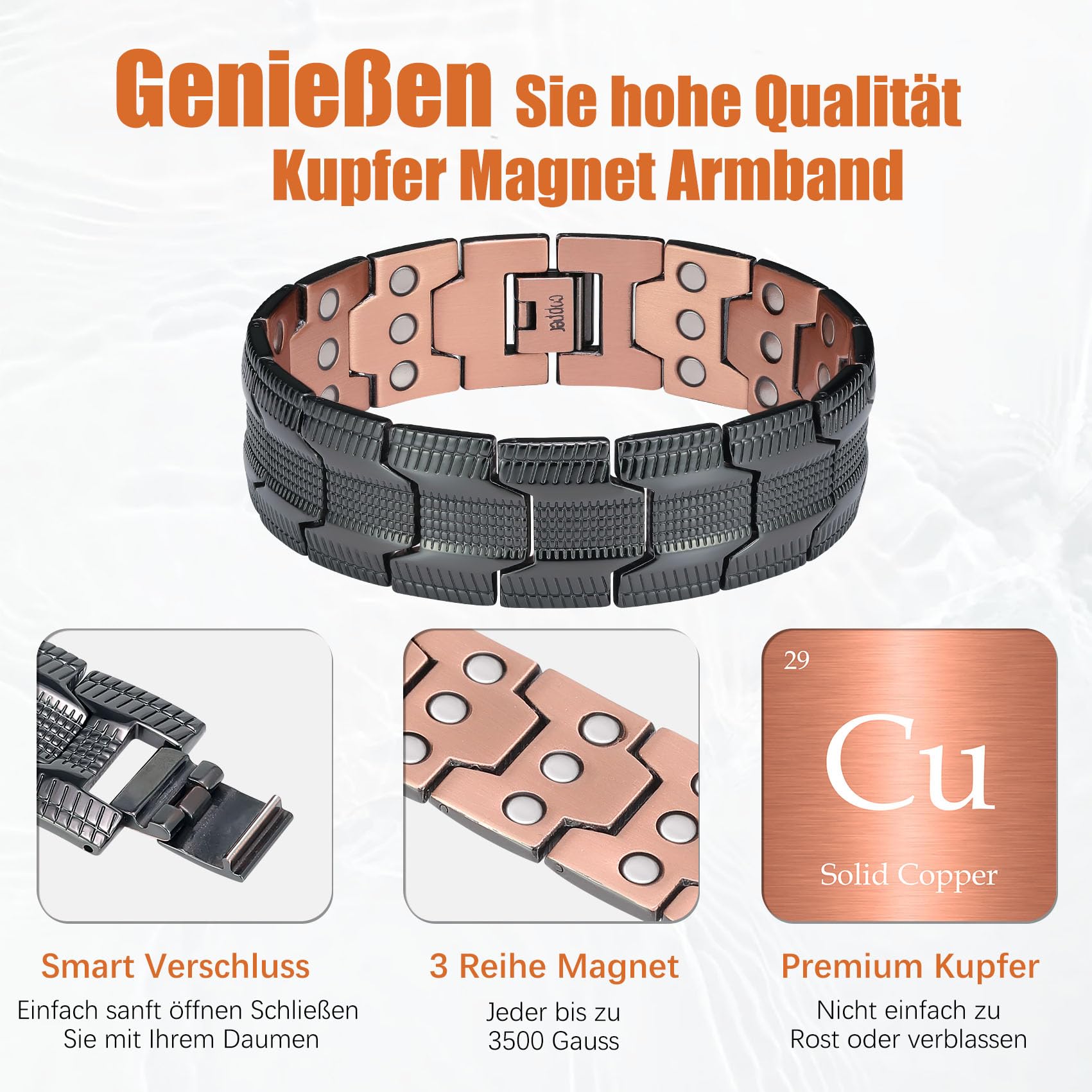 Jecanori Bracelet magnétique en cuivre pour homme, 3 rangées magnétiques réglables pour homme, bracelet en cuivre 3500 gauss aimants, anneaux et boîtes cadeaux (noir), 22 cm, Cuivre