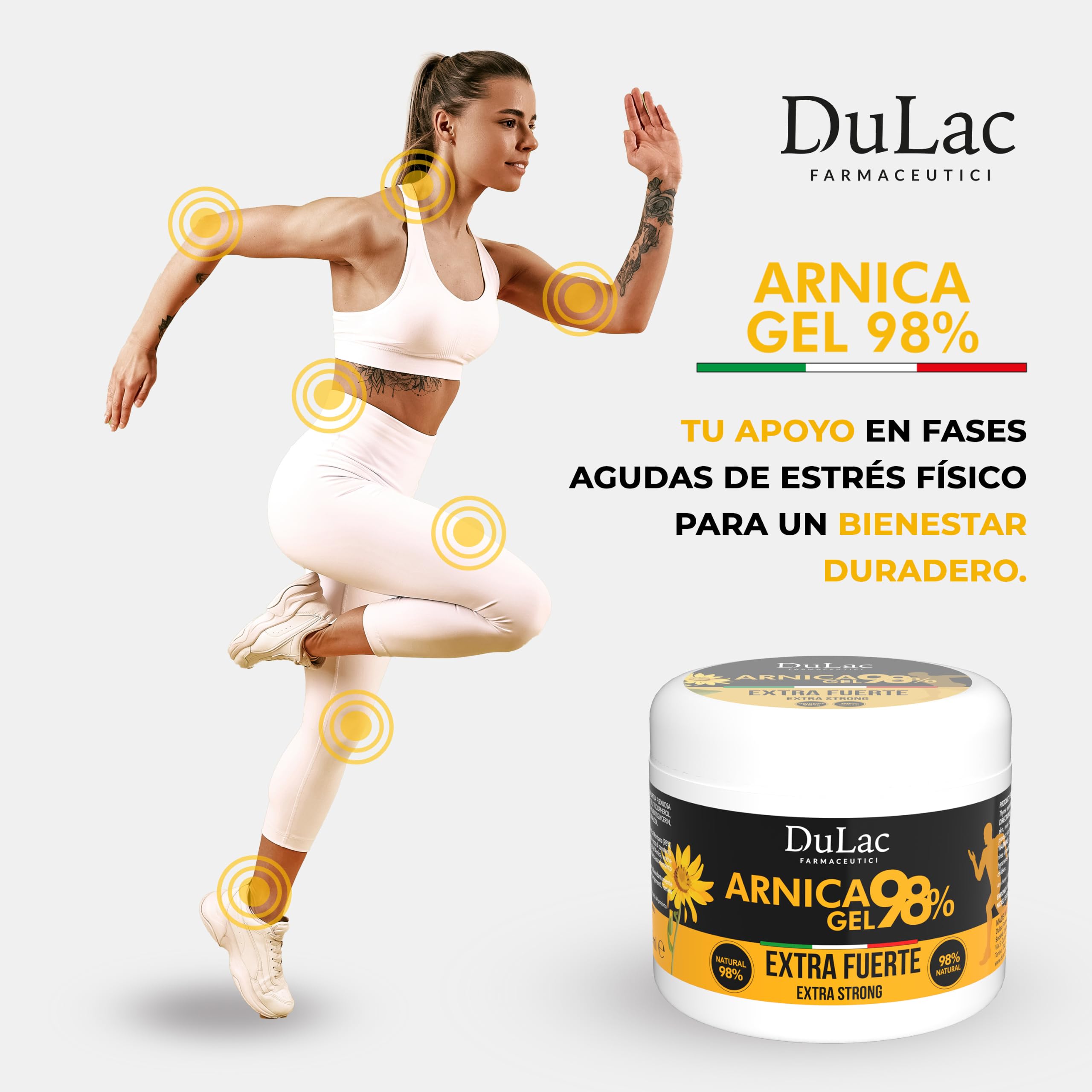 Dulac – Arnica Gel Fuerte 98%, Efecto Refrescante, 500 ml, Para Masajes en Músculos y Articulaciones Fatigados, También Util para la zona cervical, con Mentol y Aceite de Buriti, Made in Italy