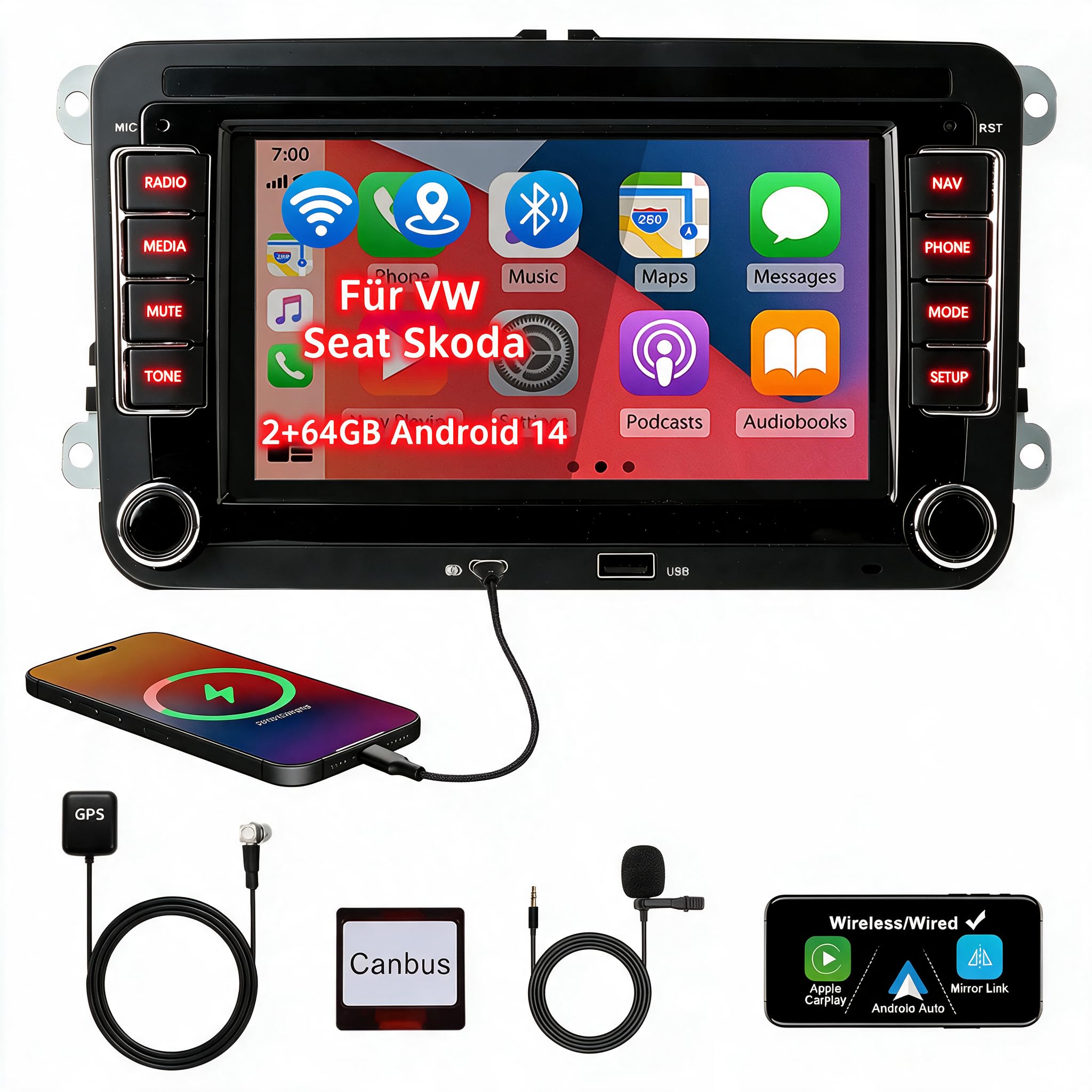 2+64G radio samochodowe z ekranem Bluetooth do VW Golf 5 6 T5 Polo