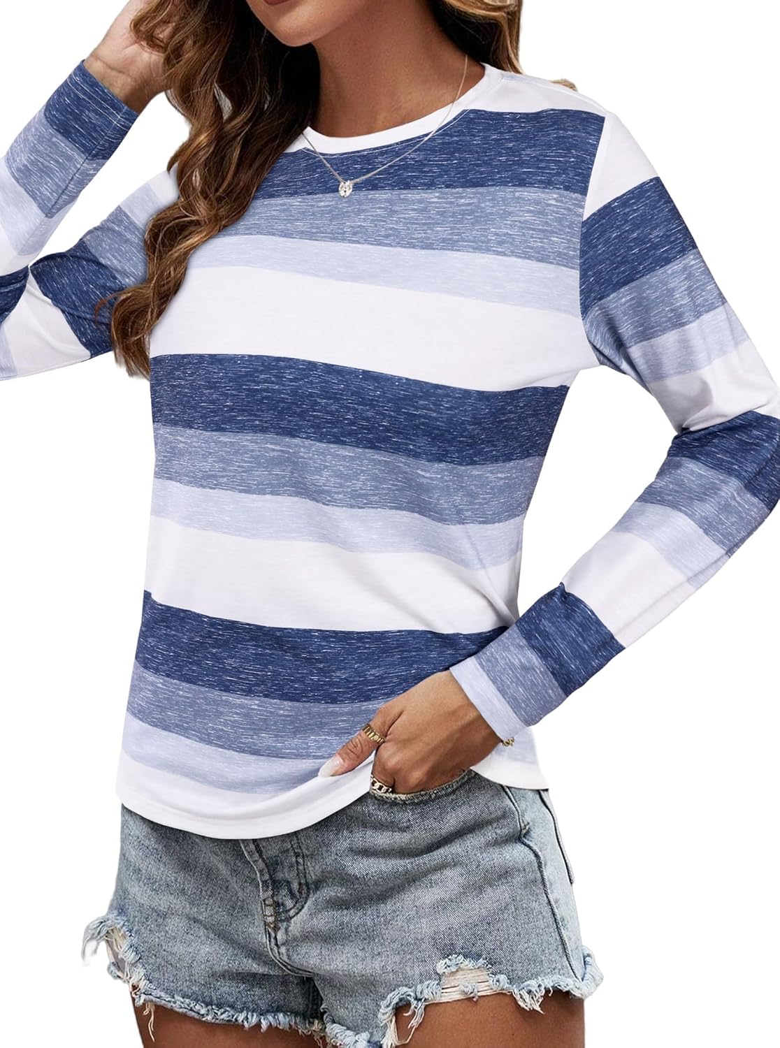 LilyCoco Womens Striped Long Sleeve Shirt Boat Neck Tops Breton Loose Fit Tshirt - Image 3