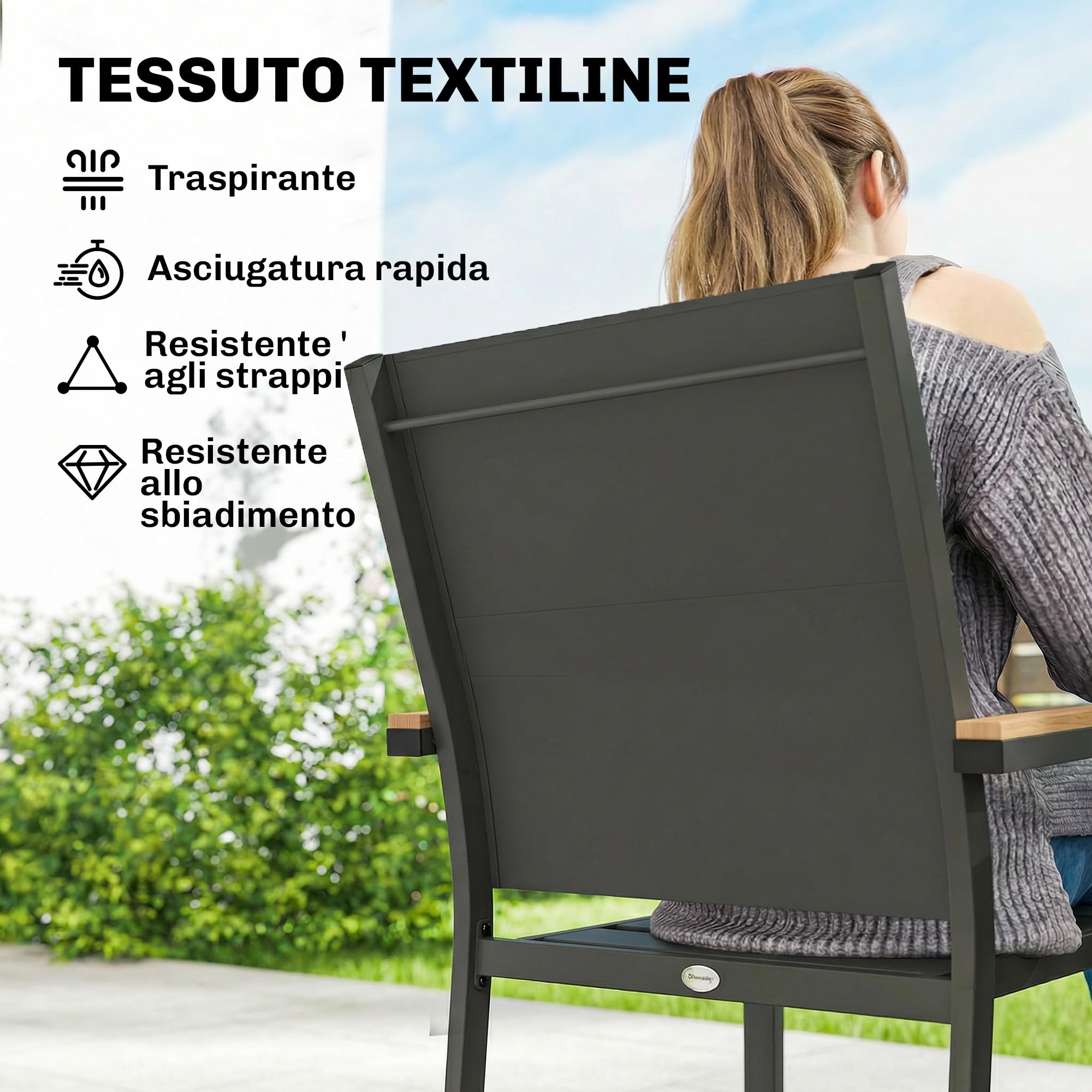 Outsunny Set 2 Sedie da Giardino Impilabili Imbottite in Texteline, Alluminio con Braccioli Effetto Legno, 56x55x85 cm, Grigio Scuro
