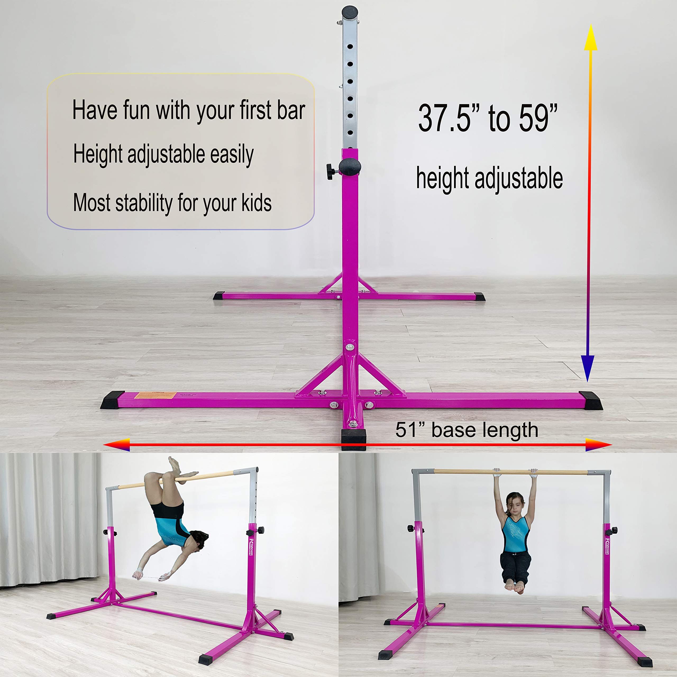 FC FUNCHEER Expandable Gymnastics kip bar,Adjustable from 3' to 5',Junior Training bar with Fiberglass bar,Side Extension Added for addtional stablity
