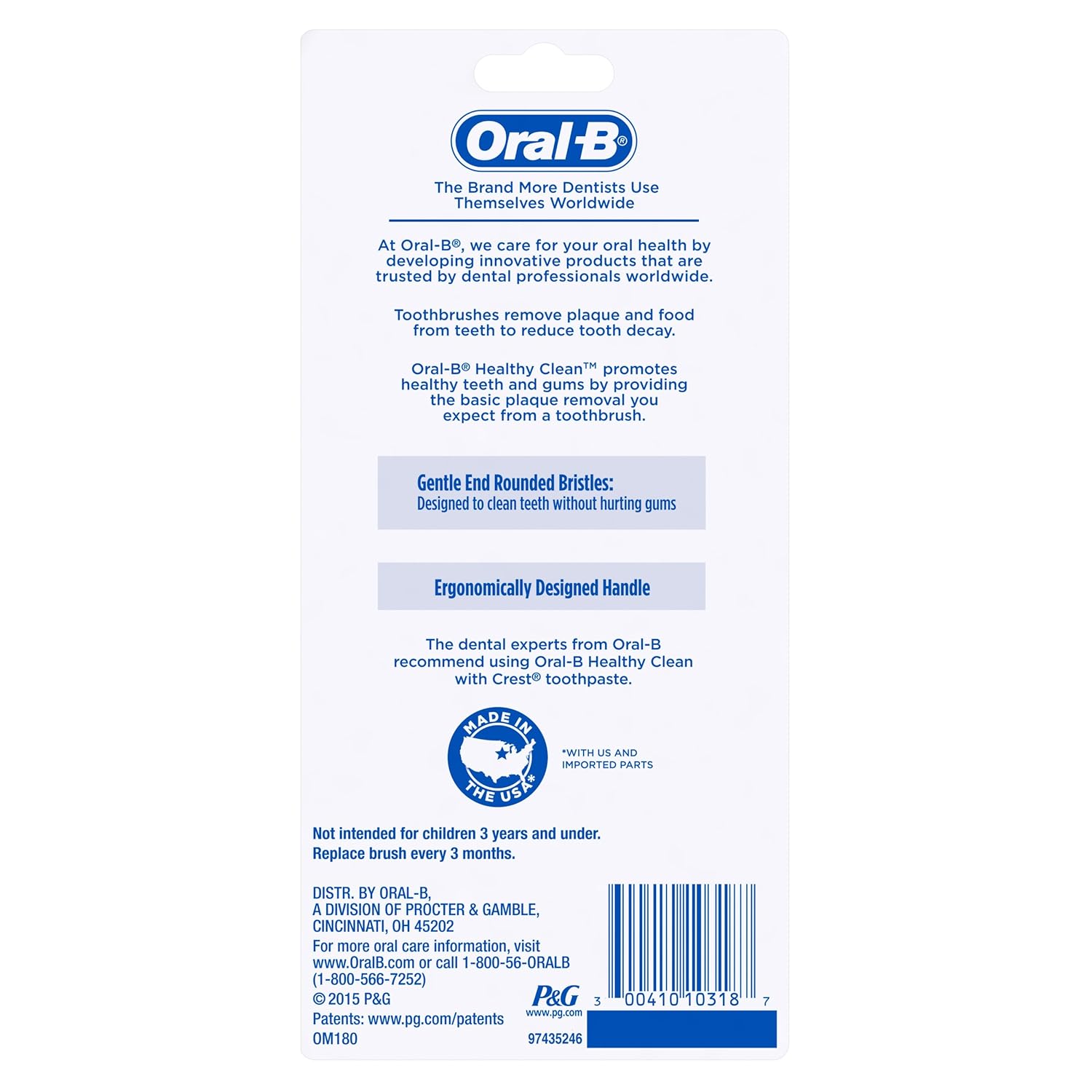 Back of Oral-B Healthy Clean 40 Soft Toothbrush packaging with product details