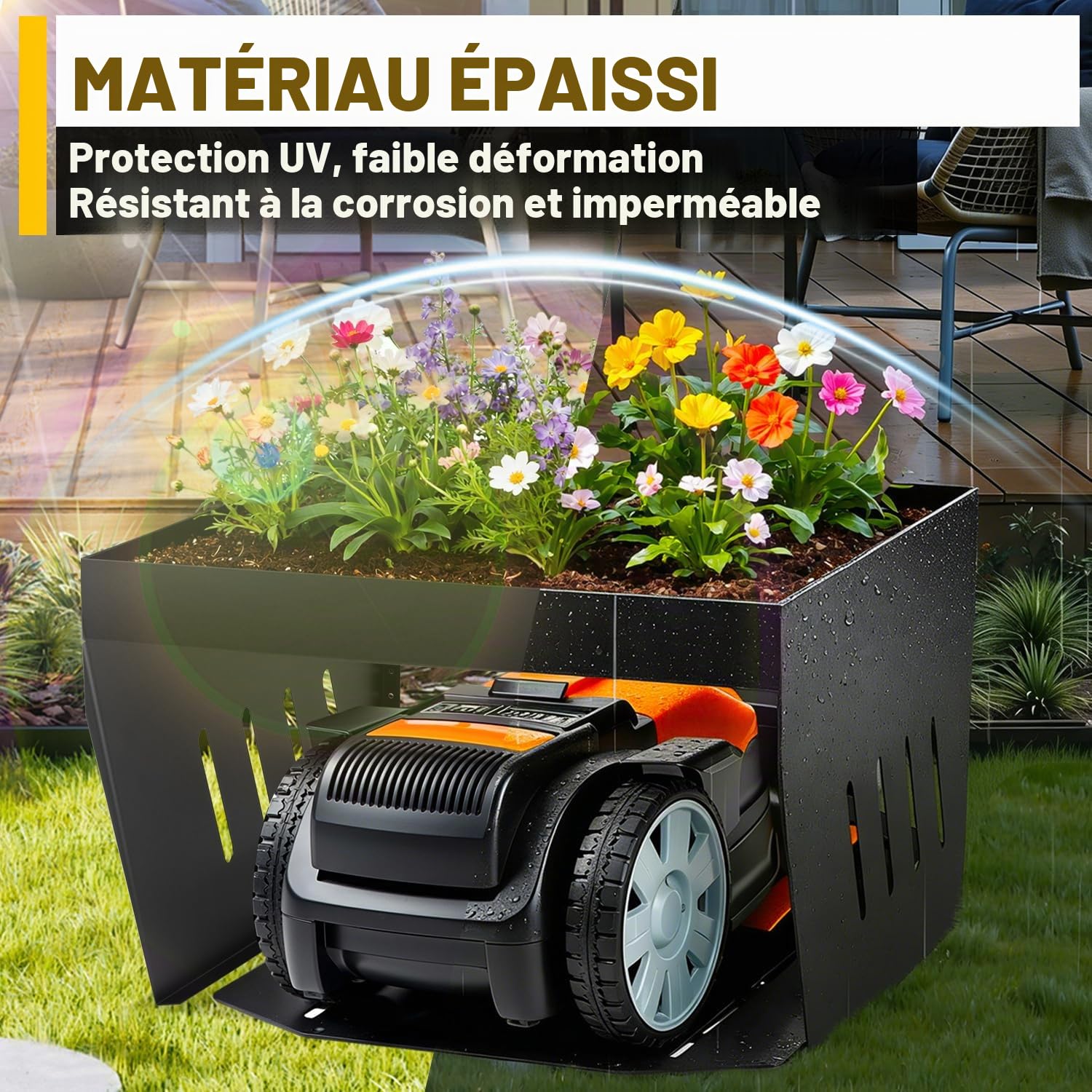 Garage pour robot tondeuse avec bac à plantes, auvent de protection galvanisé pour tondeuse à gazon, robot à gazon, protection UV, idéal contre la pluie et la grêle, 42 x 61 x 70 cm, noir