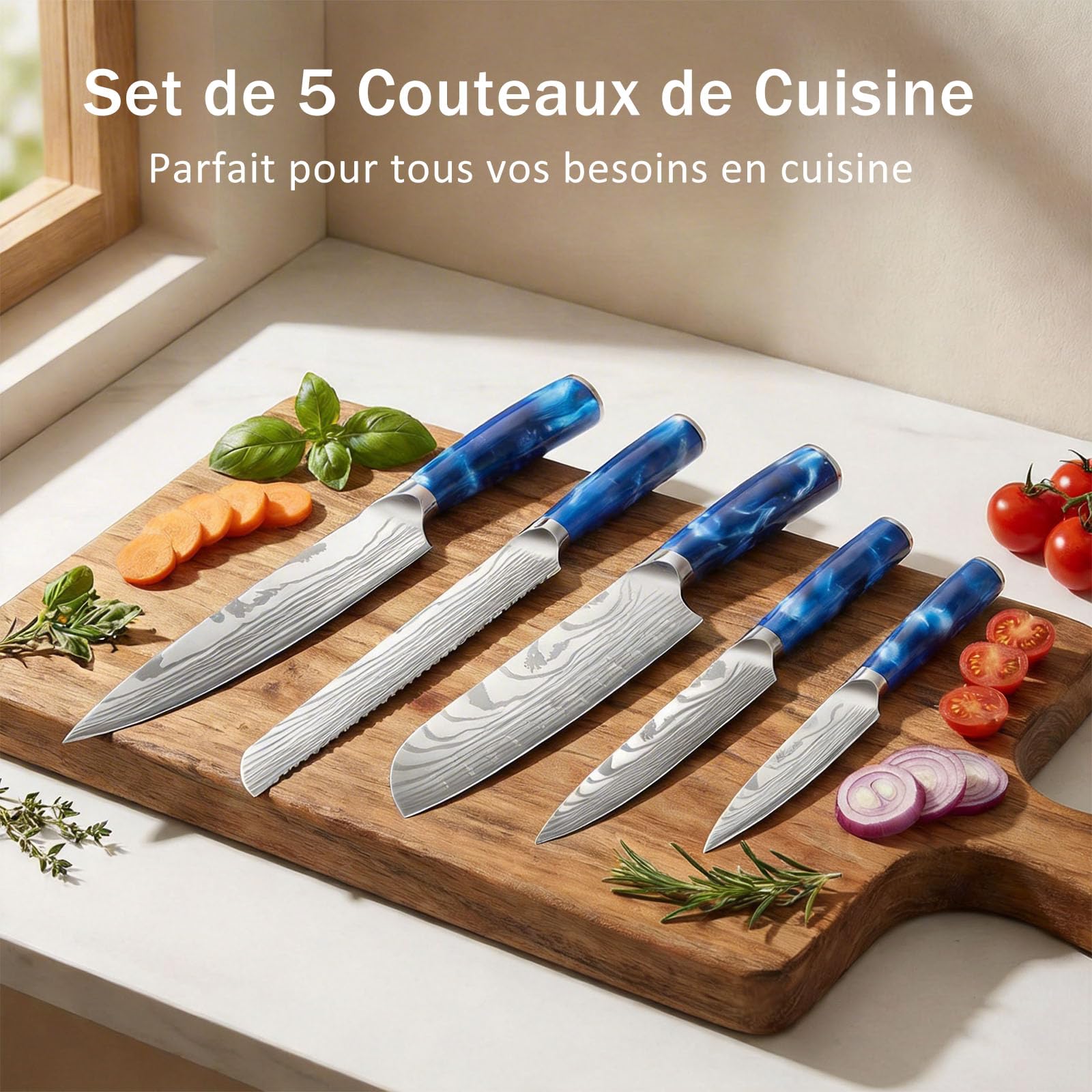 Set de 5 Couteau de Cuisine - Style Japonais, Couteau Cuisine en Acier Inoxydable à Haute Teneur en Carbone,Lames Ultra-Tranchantes & Manches Ergonomiques - Idée Cadeau avec Coffret Inclus