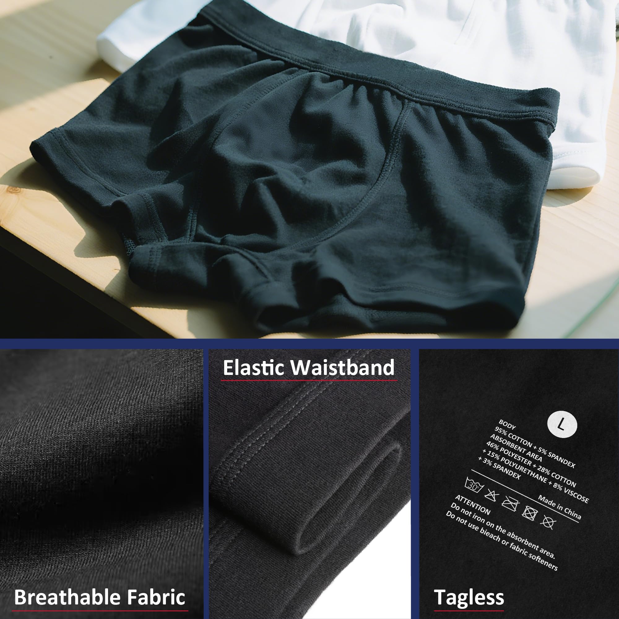 Ropa interior absorbente para incontinencia urinaria lavable para hombre, a prueba de fugas, con área absorbente frontal para control de vejiga, paquete de 2 (M, negro)
