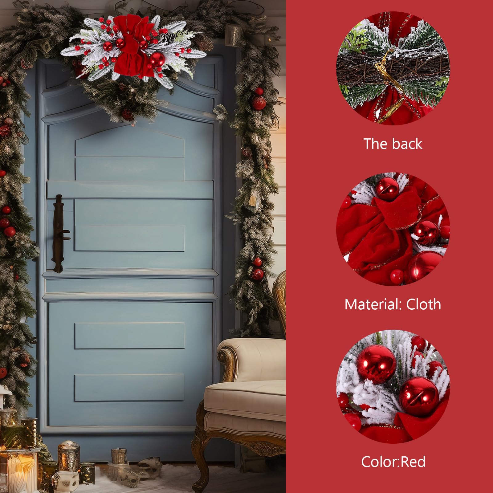 VOSAREA Couronne Lumineuse de Noël Rouge 45x20 Cm en Plastique et Tissu, à Suspendre Décorative Lumineuse pour Porte D'entrée, Style Nordique Délicat