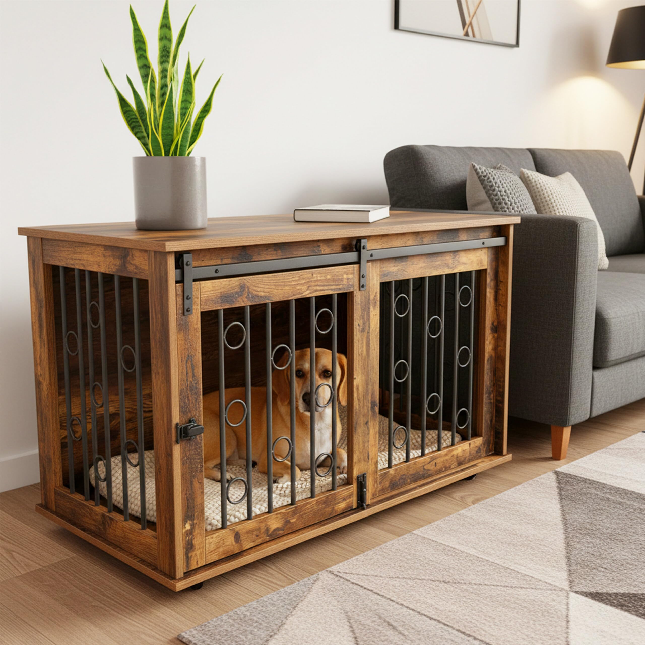 Relaxdays Jaula para Perros con Estante y Ruedas, Puertas, 64x100x59 cm, marrón/Negro