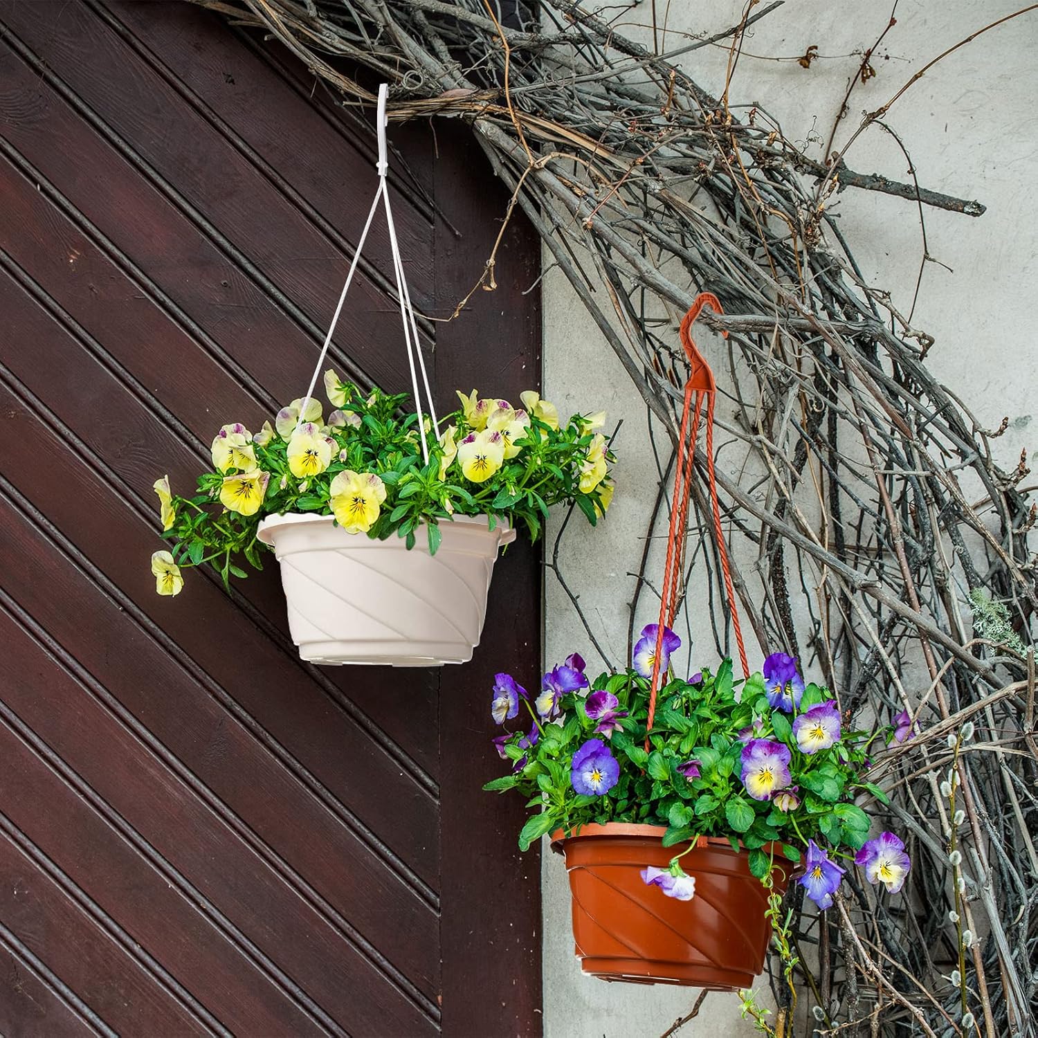 EBOOT 16 Pcs Hanging Plants Outdoor 7 Inch Flower Pot Bulk Hanging Baskets for Plants with Drainage Hole Plant Pots for Outdoor Outside Indoor Garden Balcony(Coffee, White)