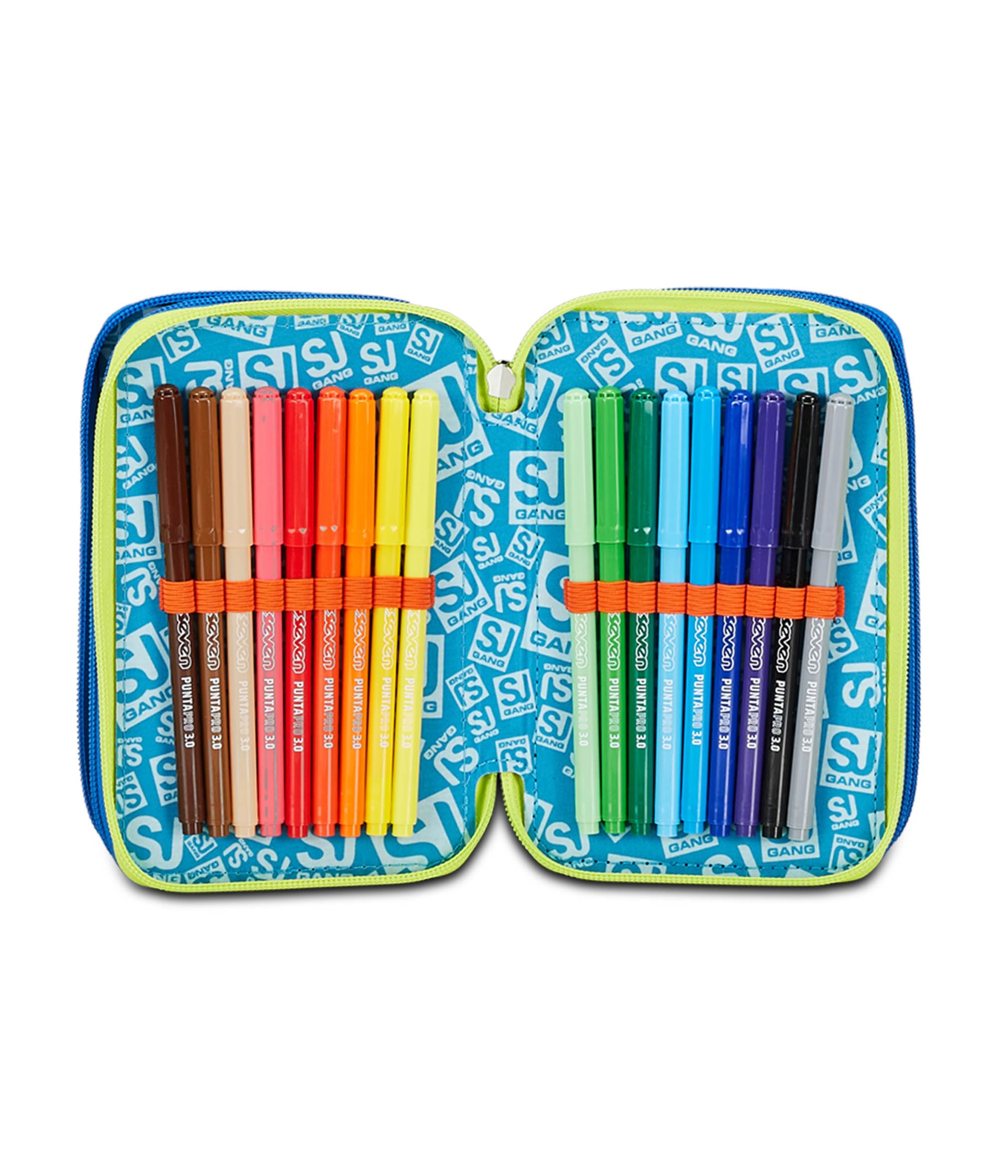 SJ Gang Astuccio Scuola 3 Zip, Blu, RealBasket, Portapenne Triplo Scomparto Completo Di Penne, Matite, Colori, Accessori Zaino, Elementari, Medie, Bambino, 30C202406-535