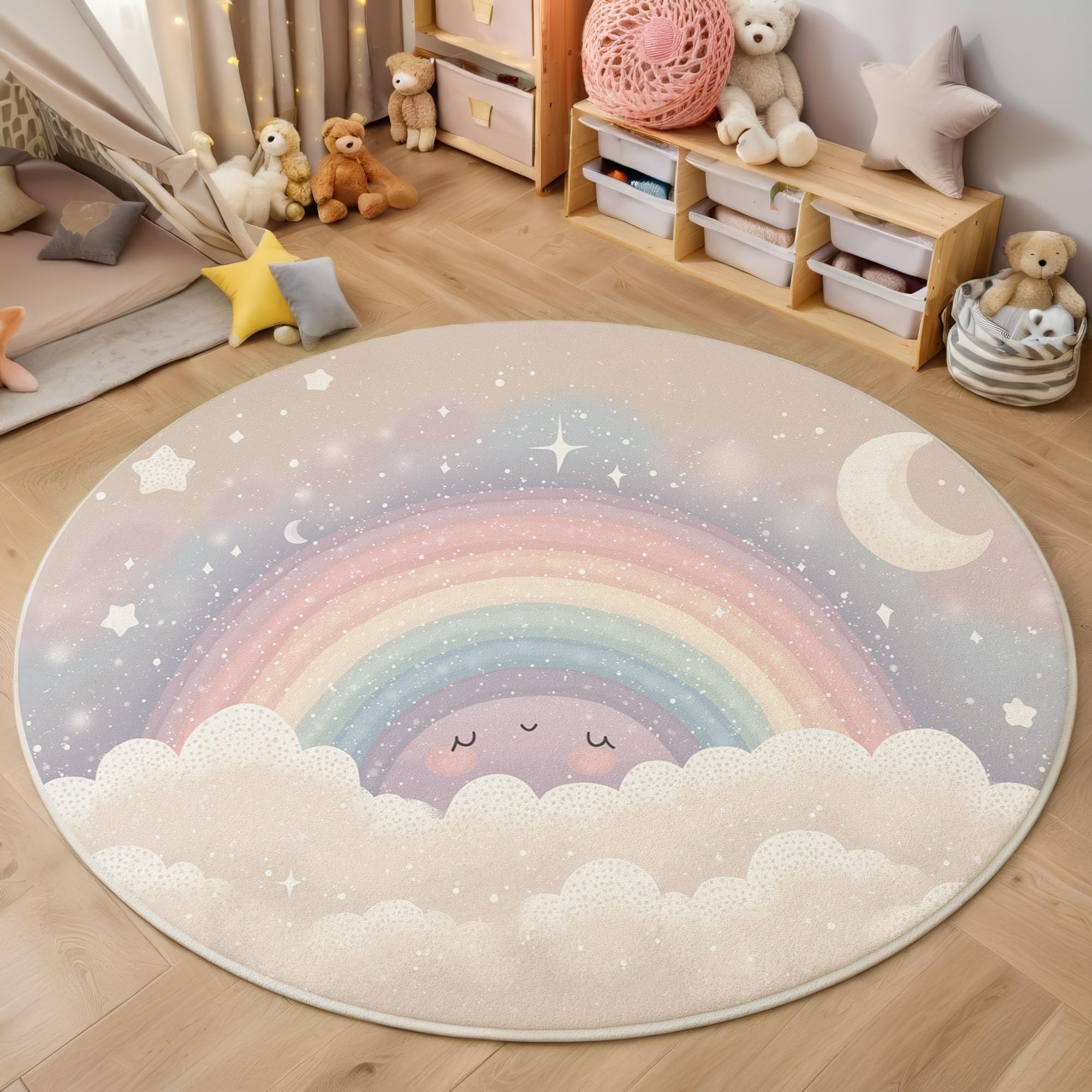 Tapis Rond Étoiles Lune Arc-en-Ciel, Style Aquarelle Onirique Lavable en Machine pour Chambre d'enfants Salle De Jeux (120cm, Multicolore)