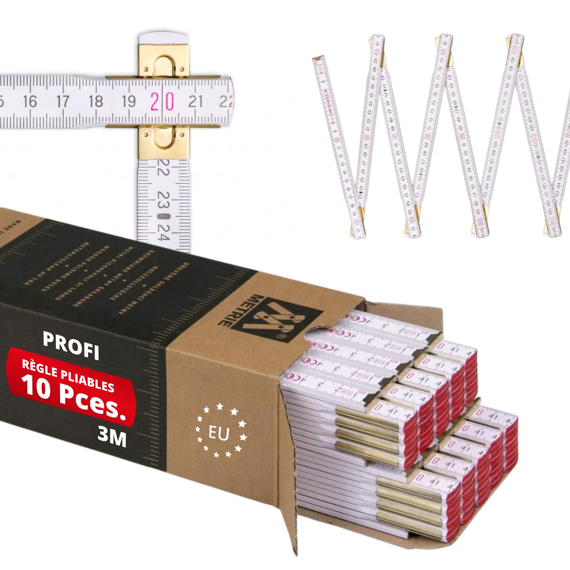 Metrie™ Mètre pliant PROFI 15 – Mètre en bois 3 m | Blanc | Bois laqué, articulations en acier – Échelle duplex, Fabriqué dans l’UE | Robuste et précis | CE Cl. III | 10 pièces