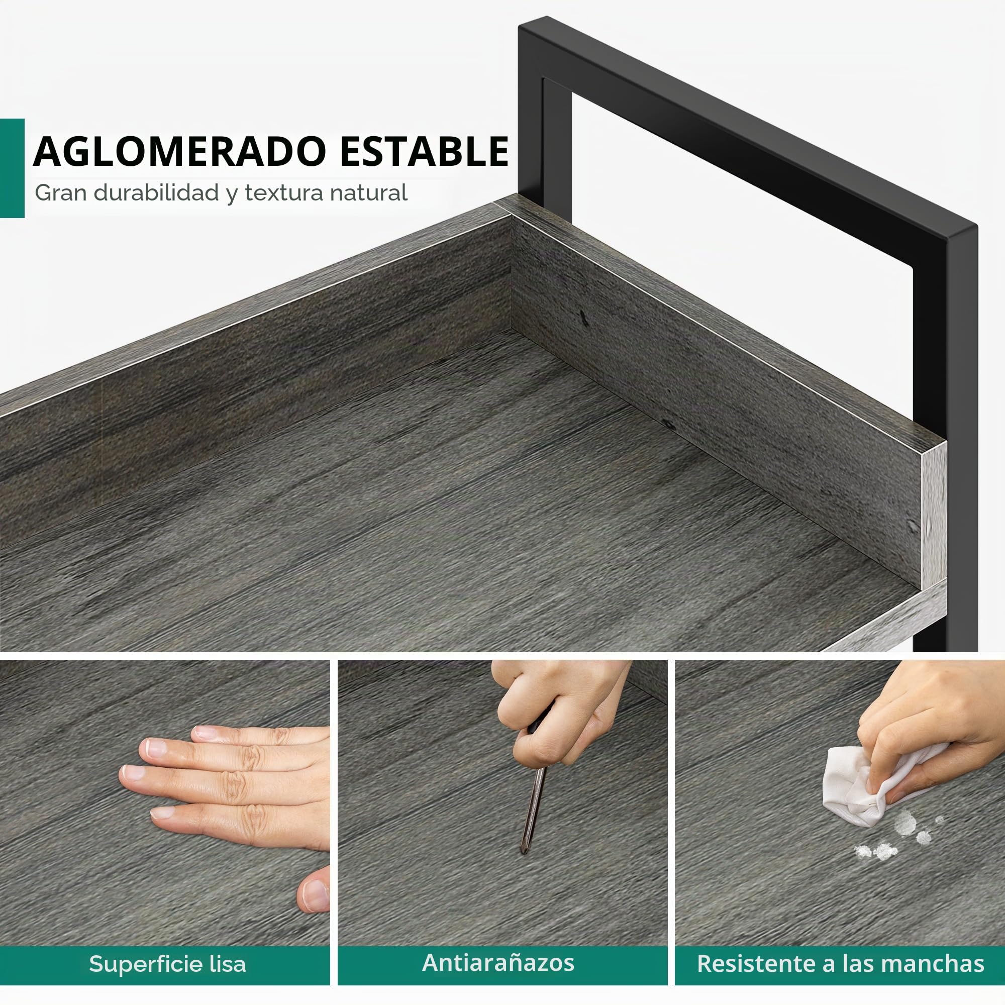 YITAHOME Estantería de 5 Niveles, Librería de pie para Libros, Estante de Madera y Marco de Acero Estable, con 4 Ganchos, Estante de Almacenamiento Industrial para Sala de Estar, Gris