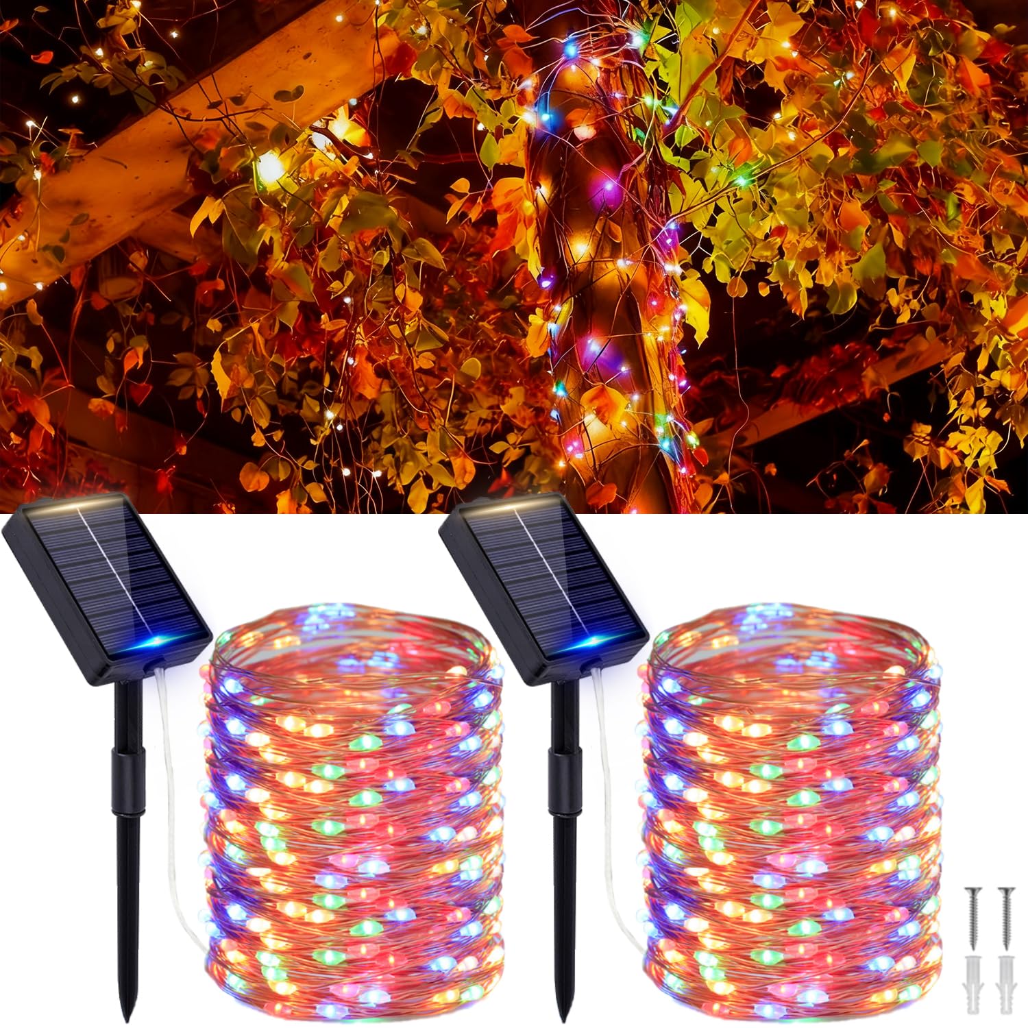 MOLVCE Outdoor Solar Fairy Lights, 2 x 20 m, 200 LED Fairy Lights, Outdoor Solar with 8 Modes and Memory Function, Copper Wire Solar Fairy Lights, IP65 Waterproof for Garden, Yard, Balcony, Colourful