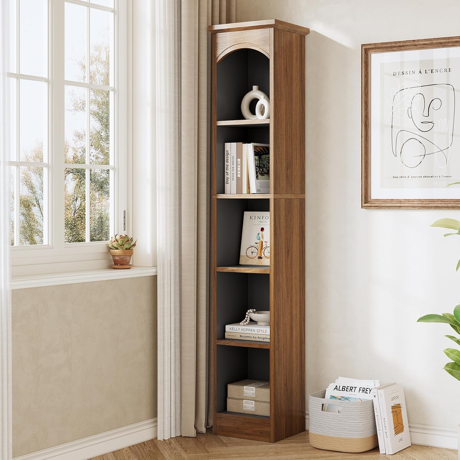 LITTLE TREE 70.9" Tall Bookshelf, 5-Tier Open Bookcase with Cubes, Bookshelf with Storage Space, Freestanding Narrow Bookcase for Home Office, Brown, 1 Pack