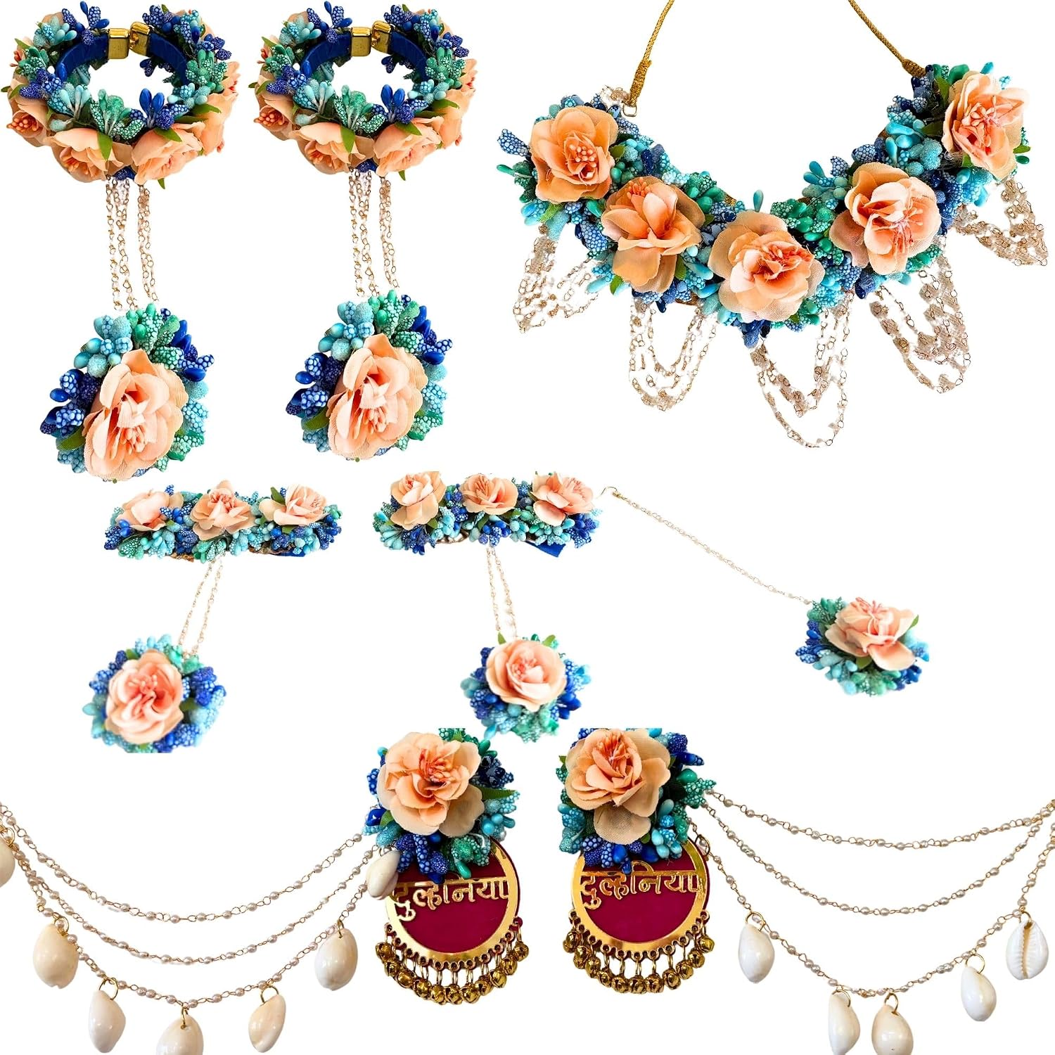Indian Artificial Floral Jewelry Set for Haldi & Mehndi Ceremony | Flower Jewelry Set for Bride | Bridal Floral Jewelry with Necklace, Earrings, Mang Tikka, Hathphool, Perphool (Blue/Peach)