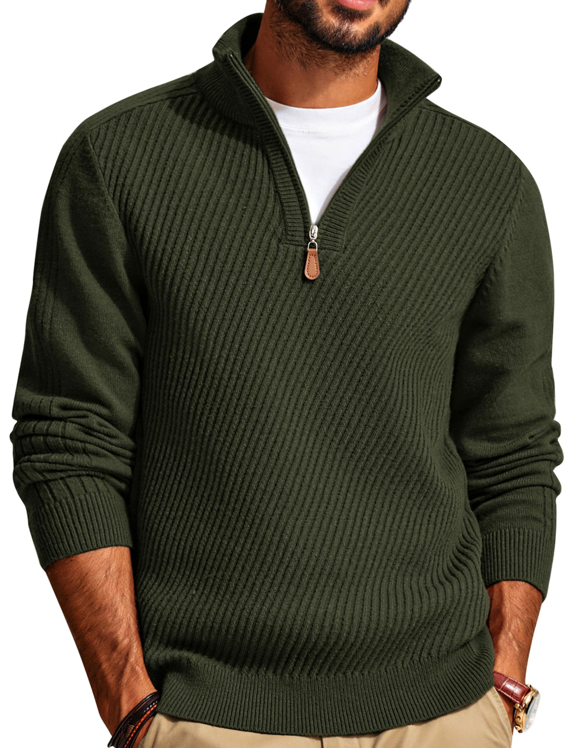 PJ PAUL JONES Suéteres de punto con cremallera de un cuarto para hombre, estilo casual, corte entallado, con textura | Jersey ajustado de cuello alto para suéteres de otoño e invierno
