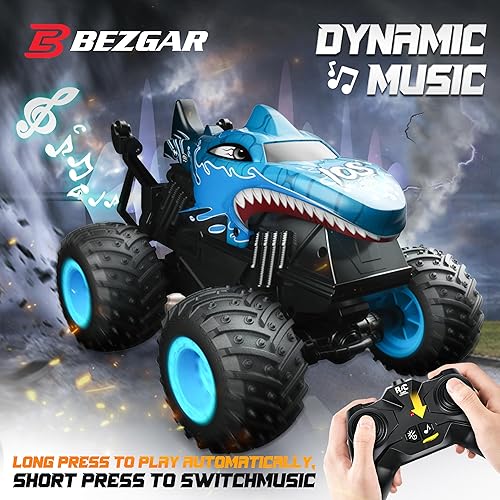 Miniatura 5 de BEZGAR Monster Truck Toys - Camión monstruo de control remoto con luz y música, juguetes de dinosaurio para niños, camión RC a escala 120 con giros