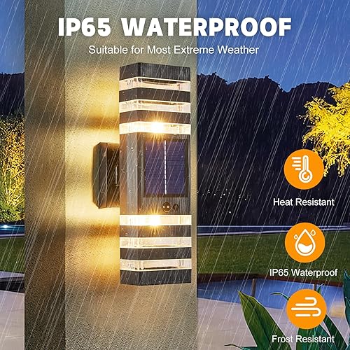Miniatura 8 de Paquete de 2 luces solares de pared para exteriores con sensor de movimiento, apliques de movimiento de 3 modos de 3000 K 500 lm del atardecer al