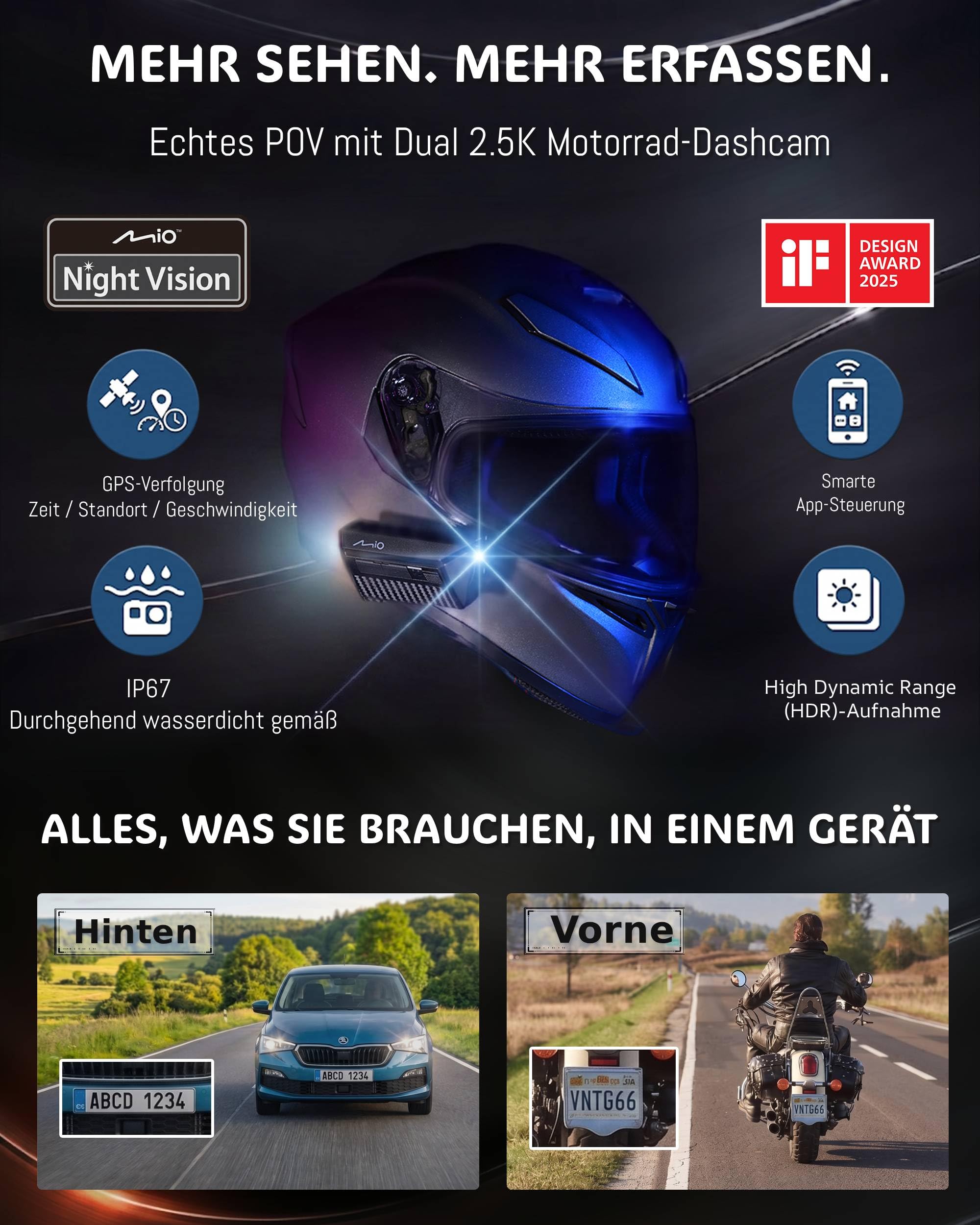 Mio Dashcam Motorrad Vorne Hinten kabellos mit akku 4,5 Stunden, dashcam motorradhelm mit Schutzart IP67, 2.5K HDR,GPS, Wi-Fi, 60fps, App-Steuerung, 3 Jahre Garantie (MiVue MP30)