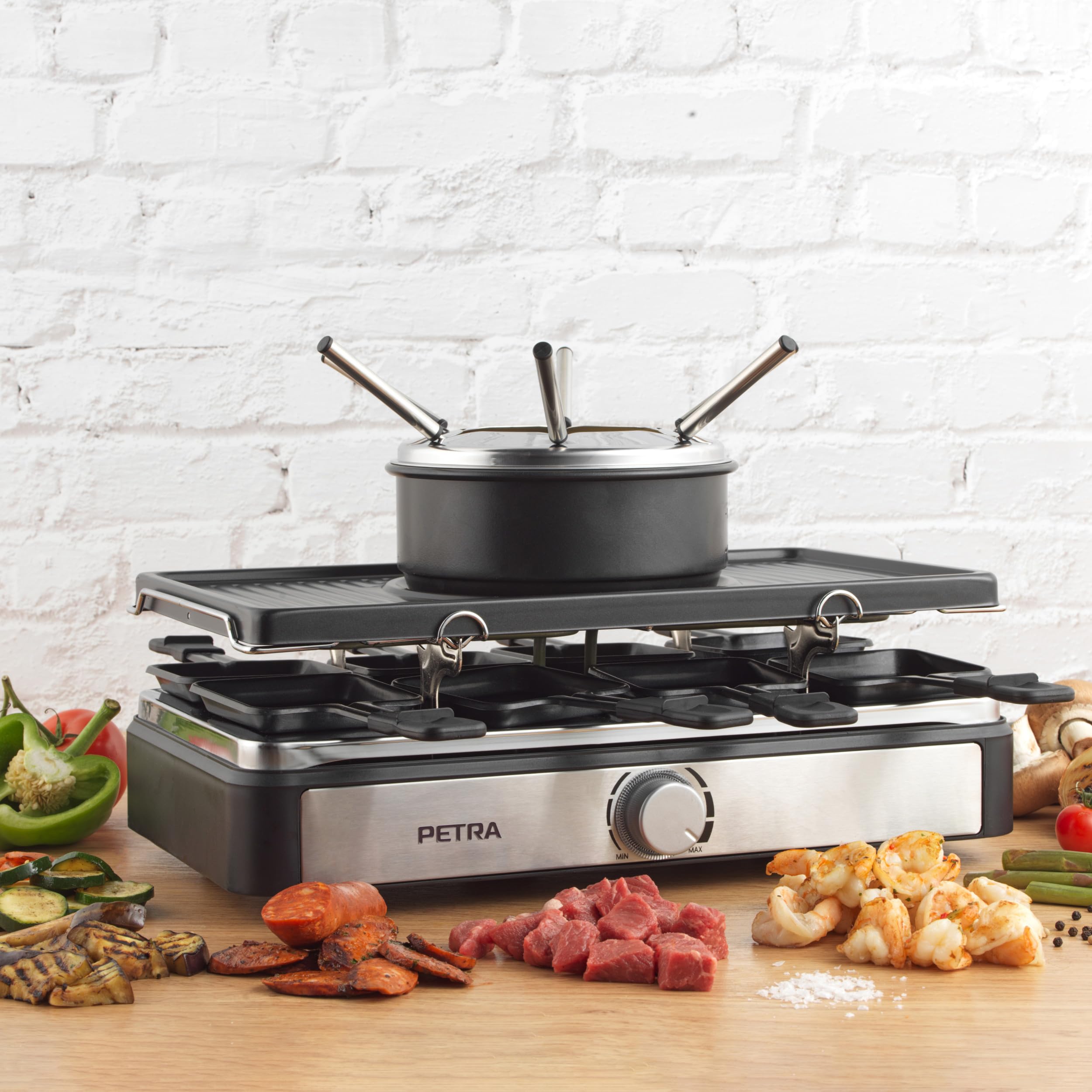 Petra PT4513VDE Grill Raclette - 6 Persone 2 in 1 Piastra Raclette e Foduta Formaggio, padelle per griglia antiaderenti, termostato regolabile, 6 forchette, 8 spatole in legno, Pentola da 1,3L, 1400W