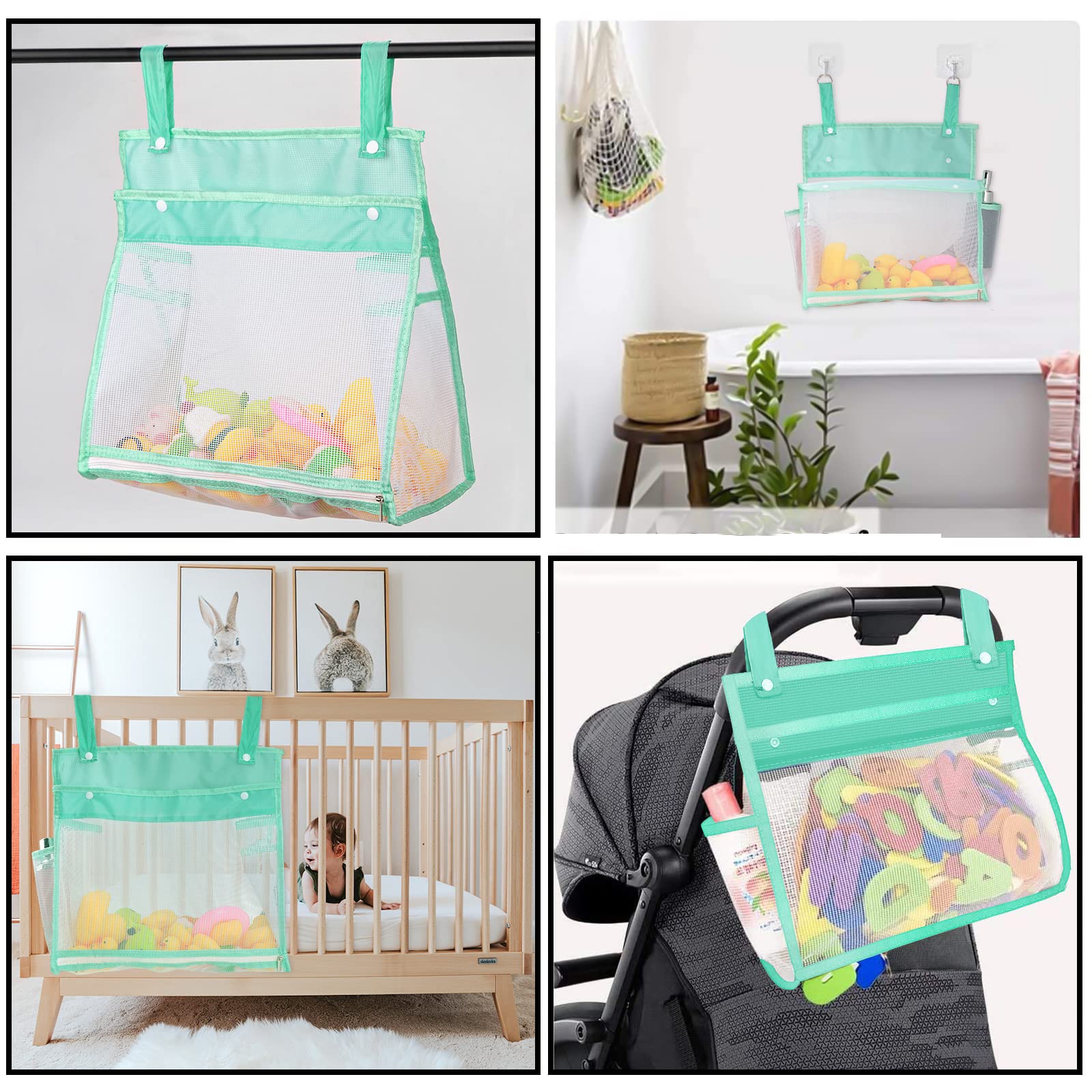 Linkidea 2 Pack Zippered Mesh Bath Toy Organizer, Bath Toy Storage Bag Multiple Ways to Hang, Bathroom Toy Mesh Bag, Bathtub Toy Storage Holder (Green)