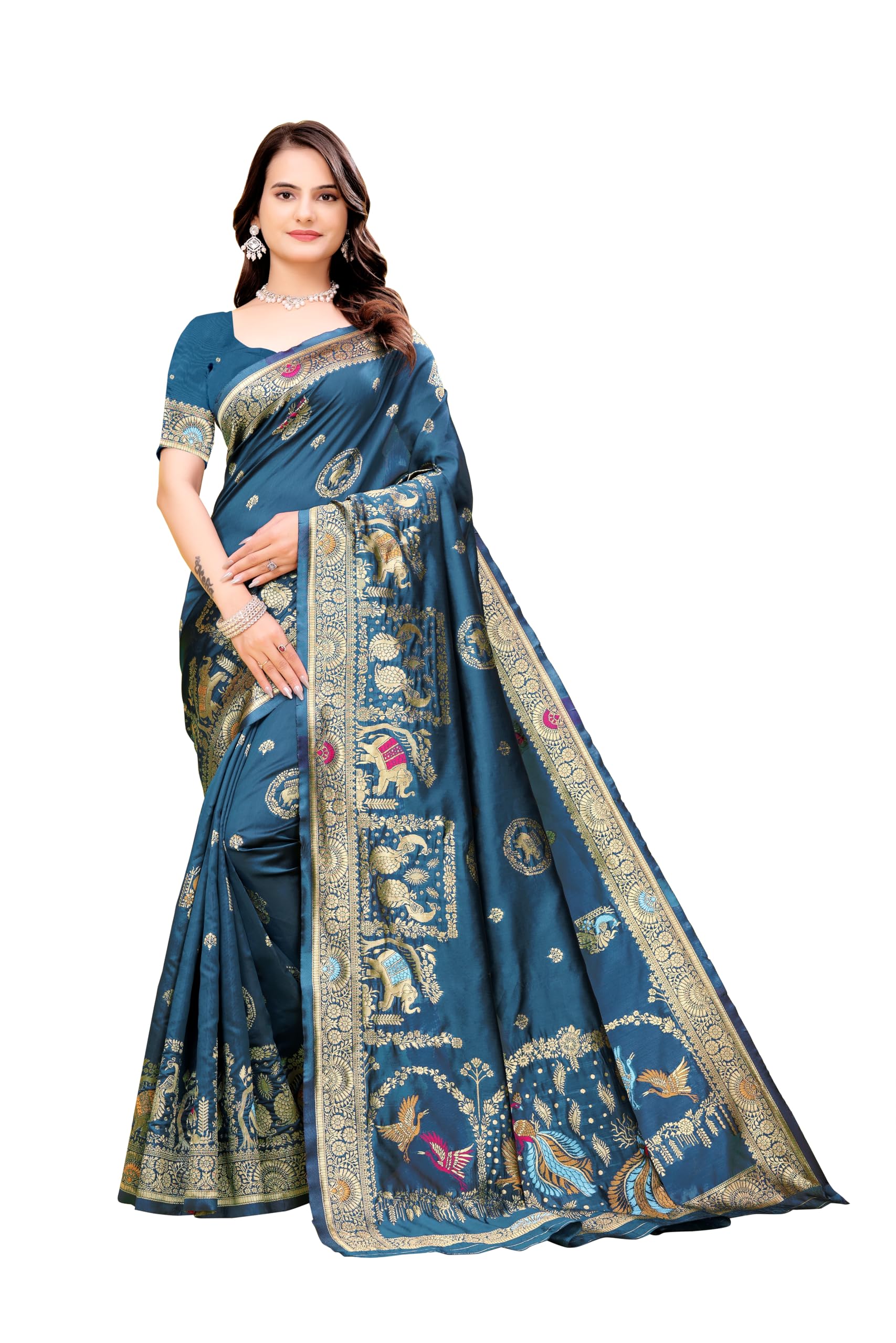 grismor Banarasi Silk Blend Saree for Women | Ideal Gift for Weddings, Festivals & Special Occasions (Blue, Pack of 1)-picture-40