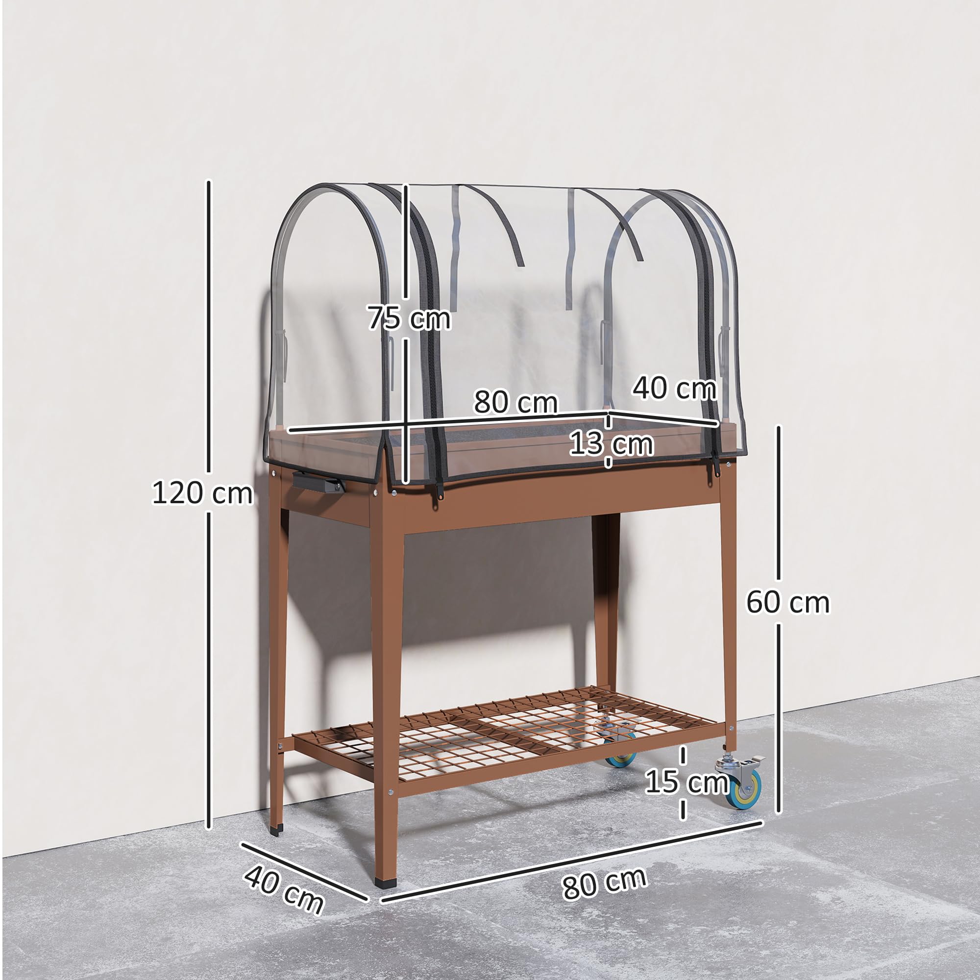 Outsunny Huerto Urbano Elevado con Ruedas, Mesa de Cultivo con Cubierta PVC de Invernadero y Estante Inferior para Cultivo, Plantas, Flores y Verduras, 80x40x120 cm, Marrón