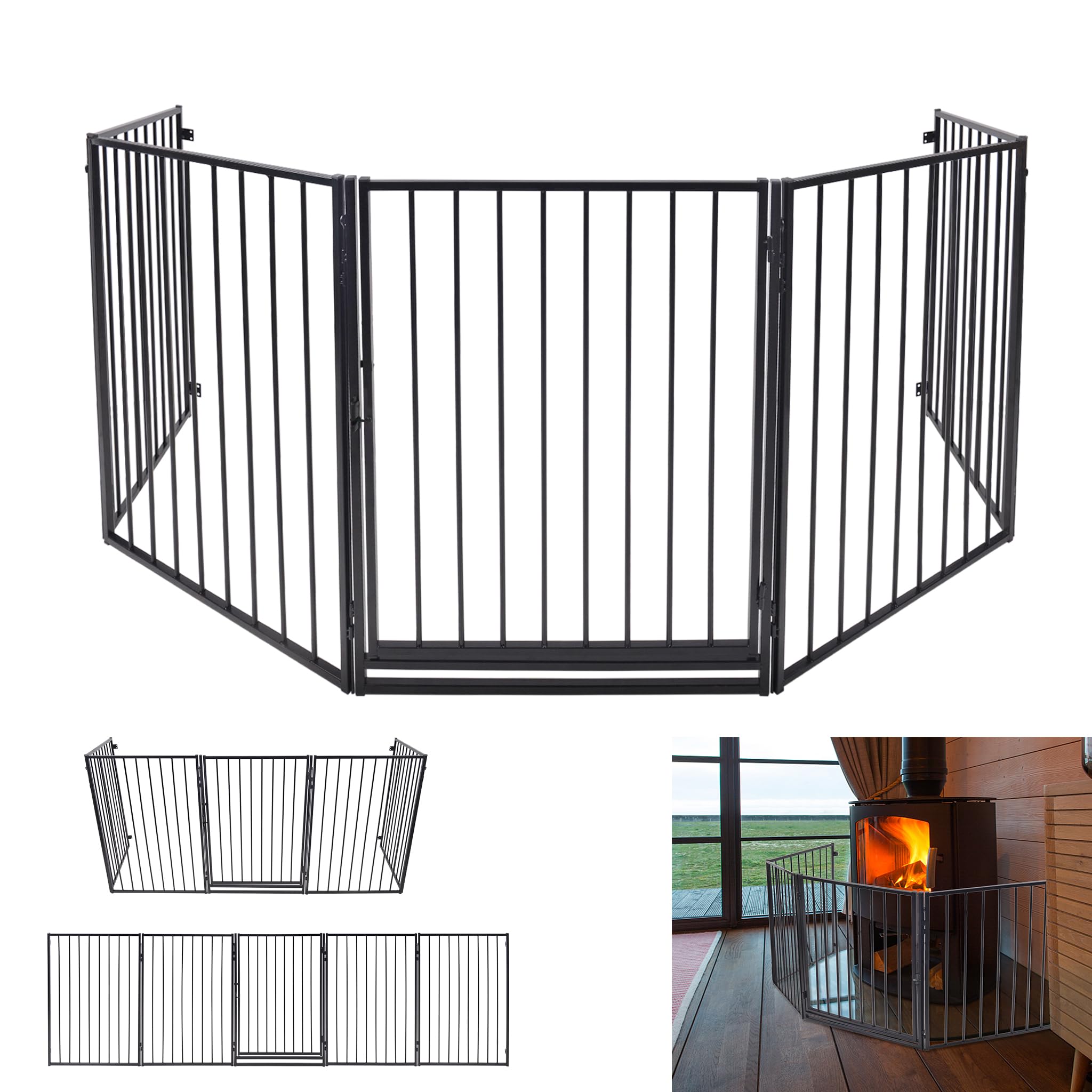 YRHome 305cm Kaminschutzgitter Baby Kinderschutzgitter Ofenschutzgitter mit Sicherheitstür 5-teilig Schutzgitter Absperrgitter Faltbar Laufstall Laufgitter Türschutzgitter für Kinder Hunde Schwarz