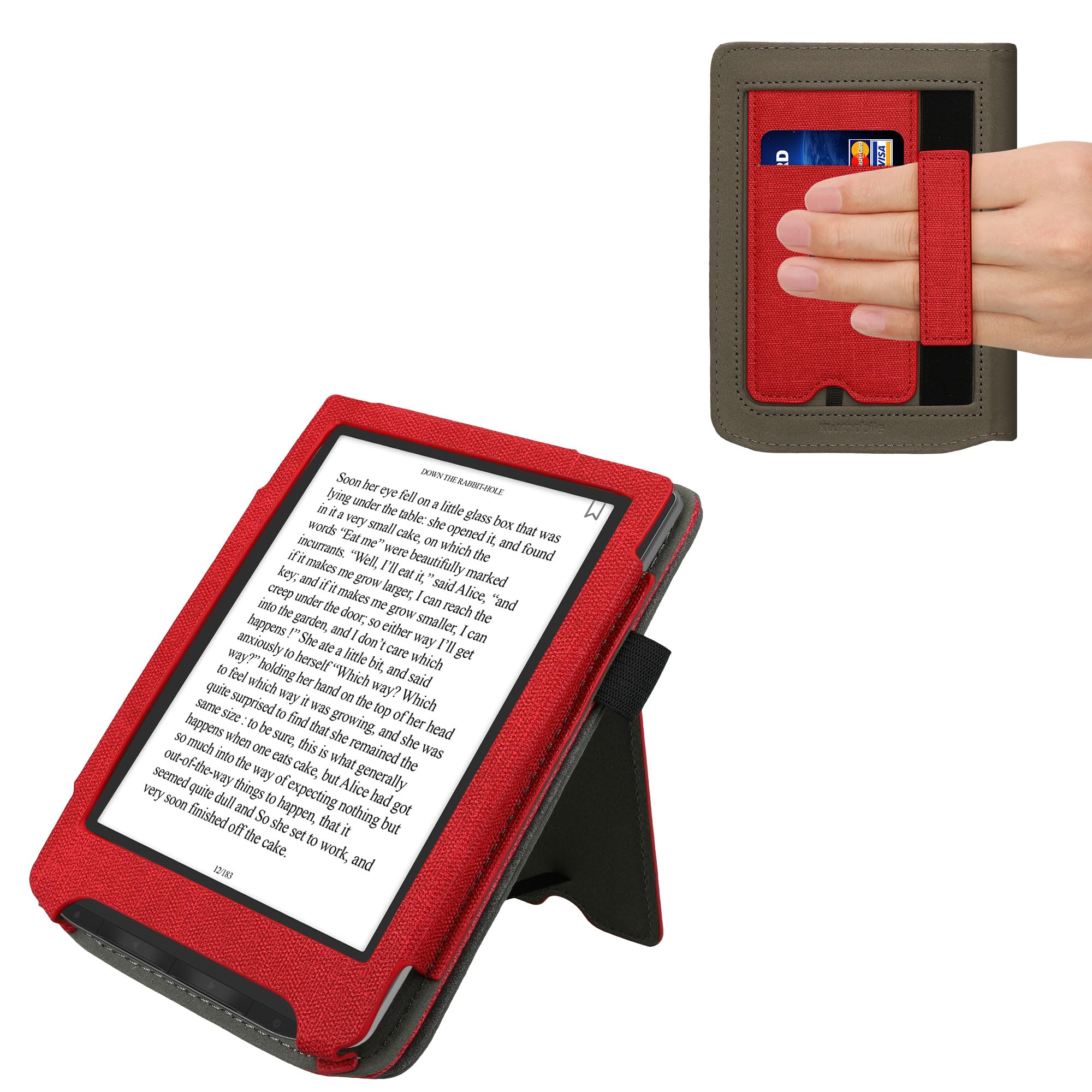 kwmobile Carcasa Compatible con Pocketbook Verse/Verse Lite/Verse Pro/Color/Vivlio Light/Light HD Funda - Funda con Stand Agarre de Mano y Tarjetero - Rojo/Gris Oscuro