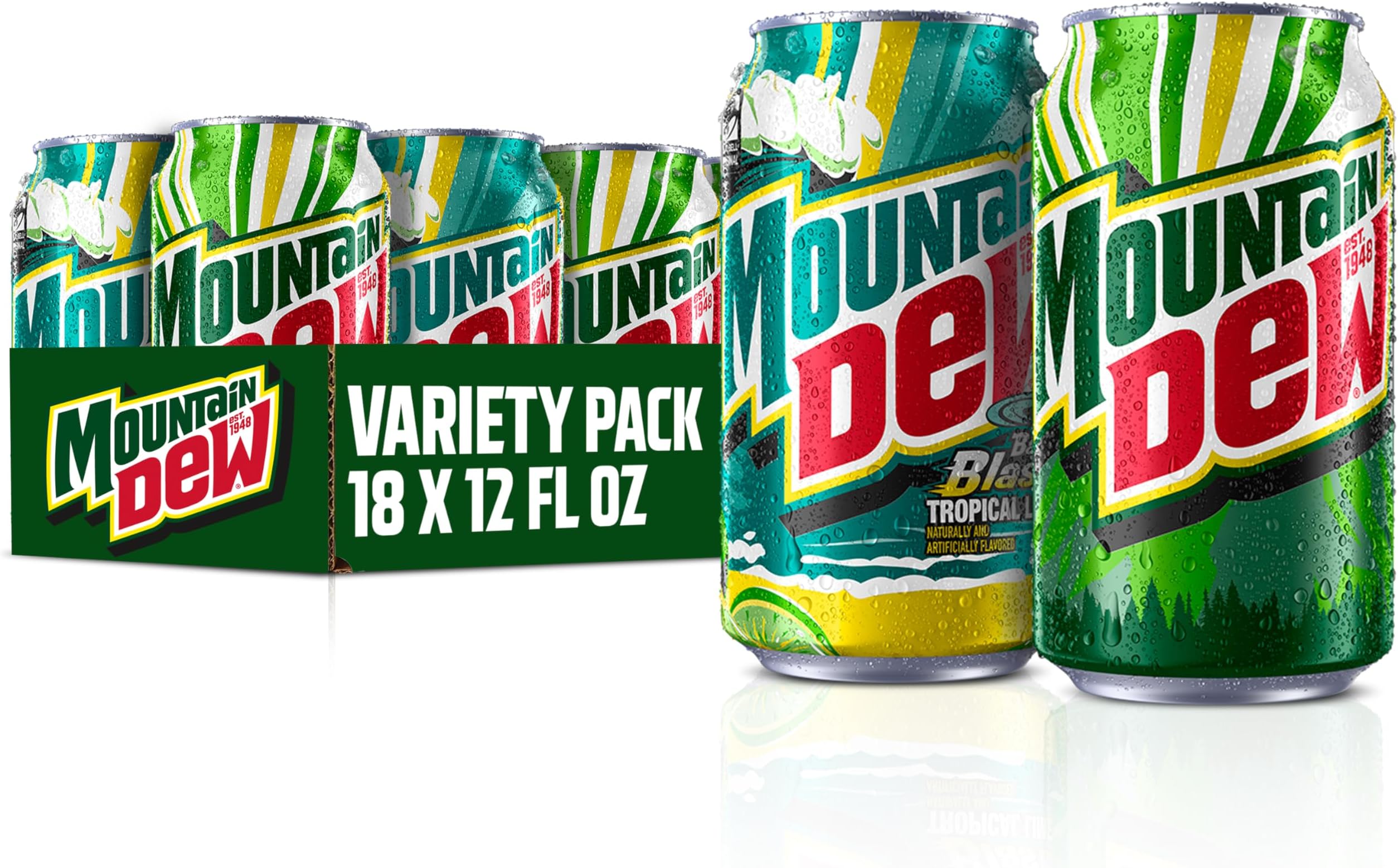Mountain Dew Soda, 2 Flavor Baja Blast Variety Pack (Baja Blast, Original Dew), 12 Fl Oz Cans (Pack of 18)